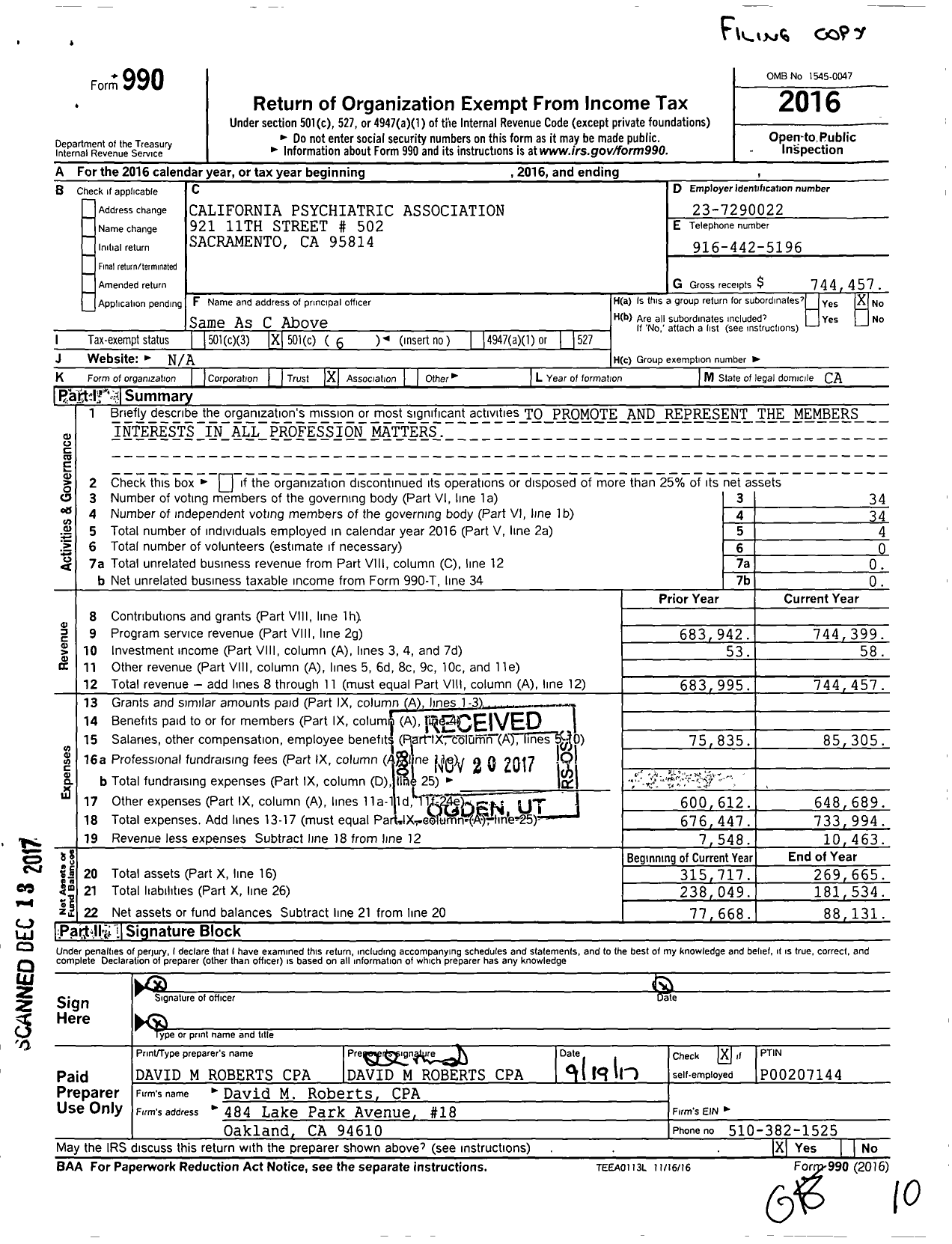 Image of first page of 2016 Form 990O for California Psychiatric Association