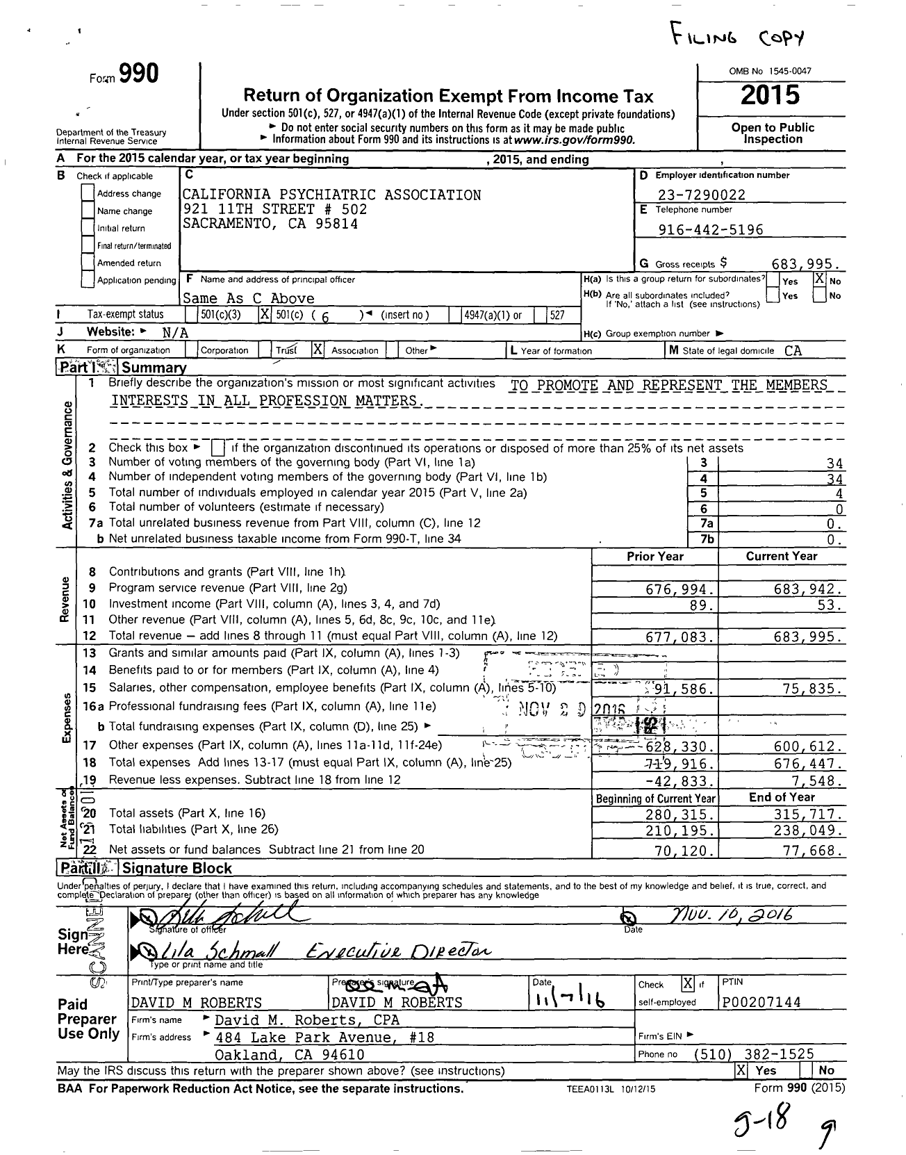 Image of first page of 2015 Form 990O for California Psychiatric Association