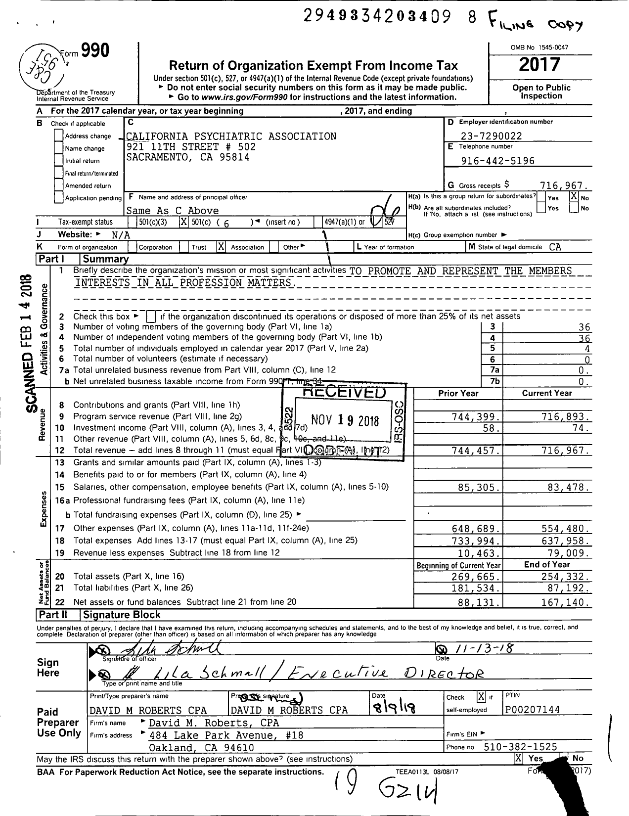 Image of first page of 2017 Form 990O for California Psychiatric Association