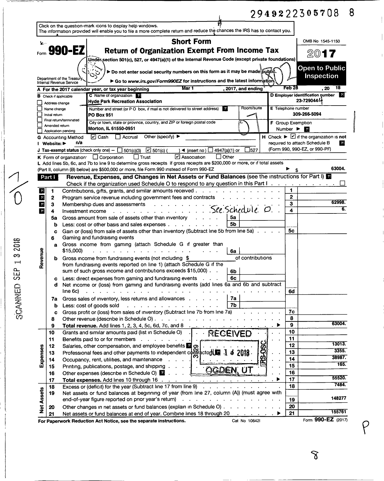 Image of first page of 2017 Form 990EO for Hyde Park Recreation Association