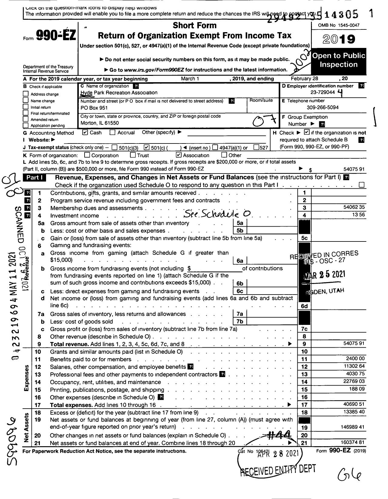 Image of first page of 2019 Form 990EO for Hyde Park Recreation Association