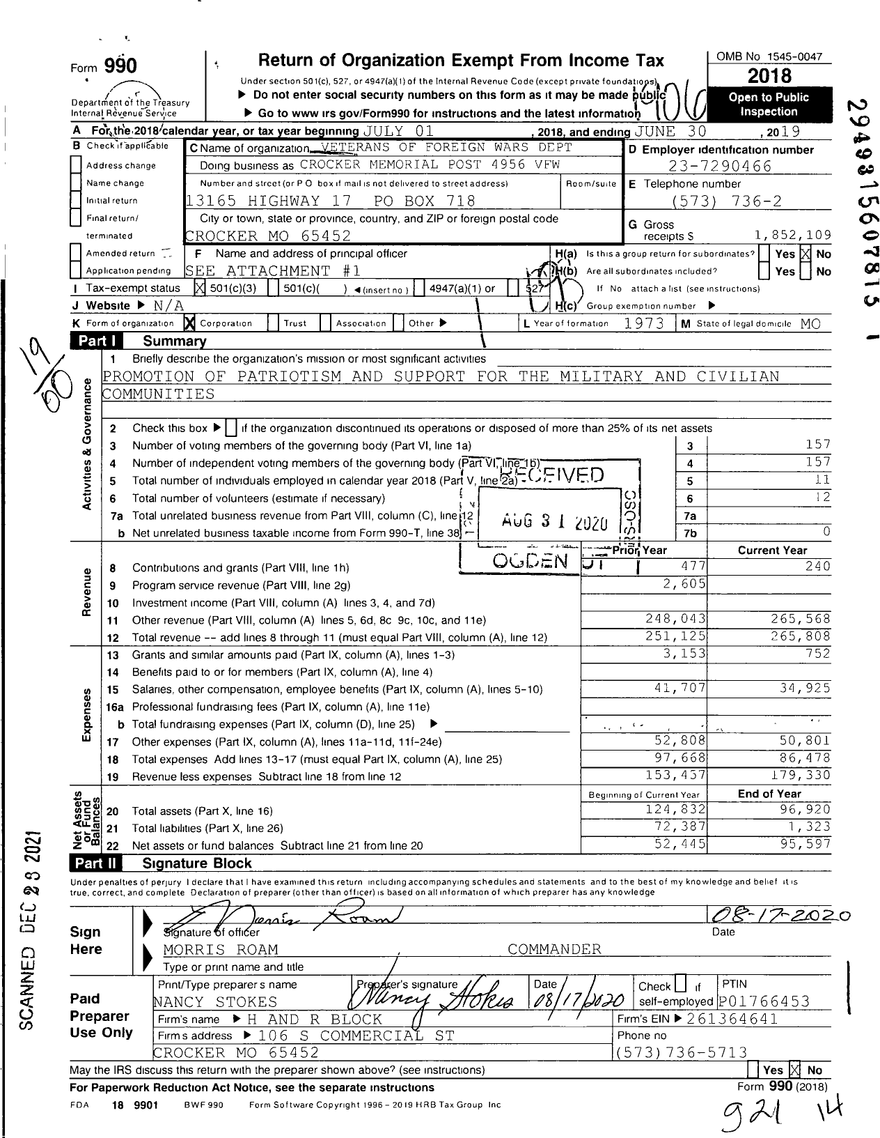 Image of first page of 2018 Form 990O for VFW Missouri - Crocker Memorial VFW Post 4956