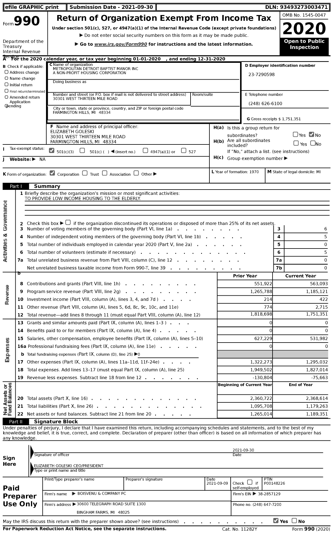 Image of first page of 2020 Form 990 for Metropolitan Detroit Baptist Manor A Non-Profit Housing Corporation