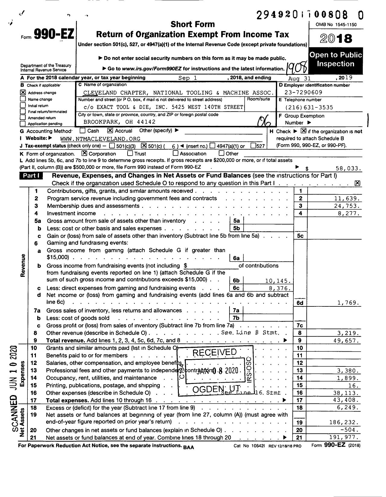 Image of first page of 2018 Form 990EO for Cleveland Chapter - National Tooling and Machine Association