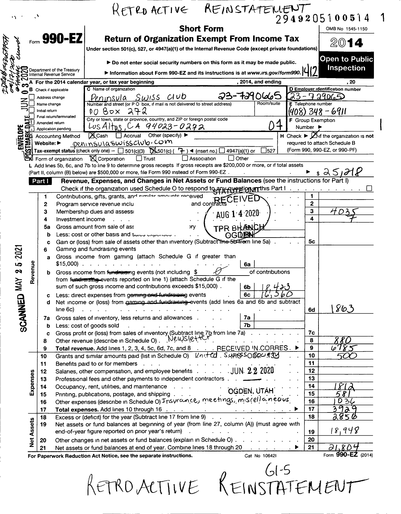 Image of first page of 2014 Form 990EO for Peninsula Swiss Club