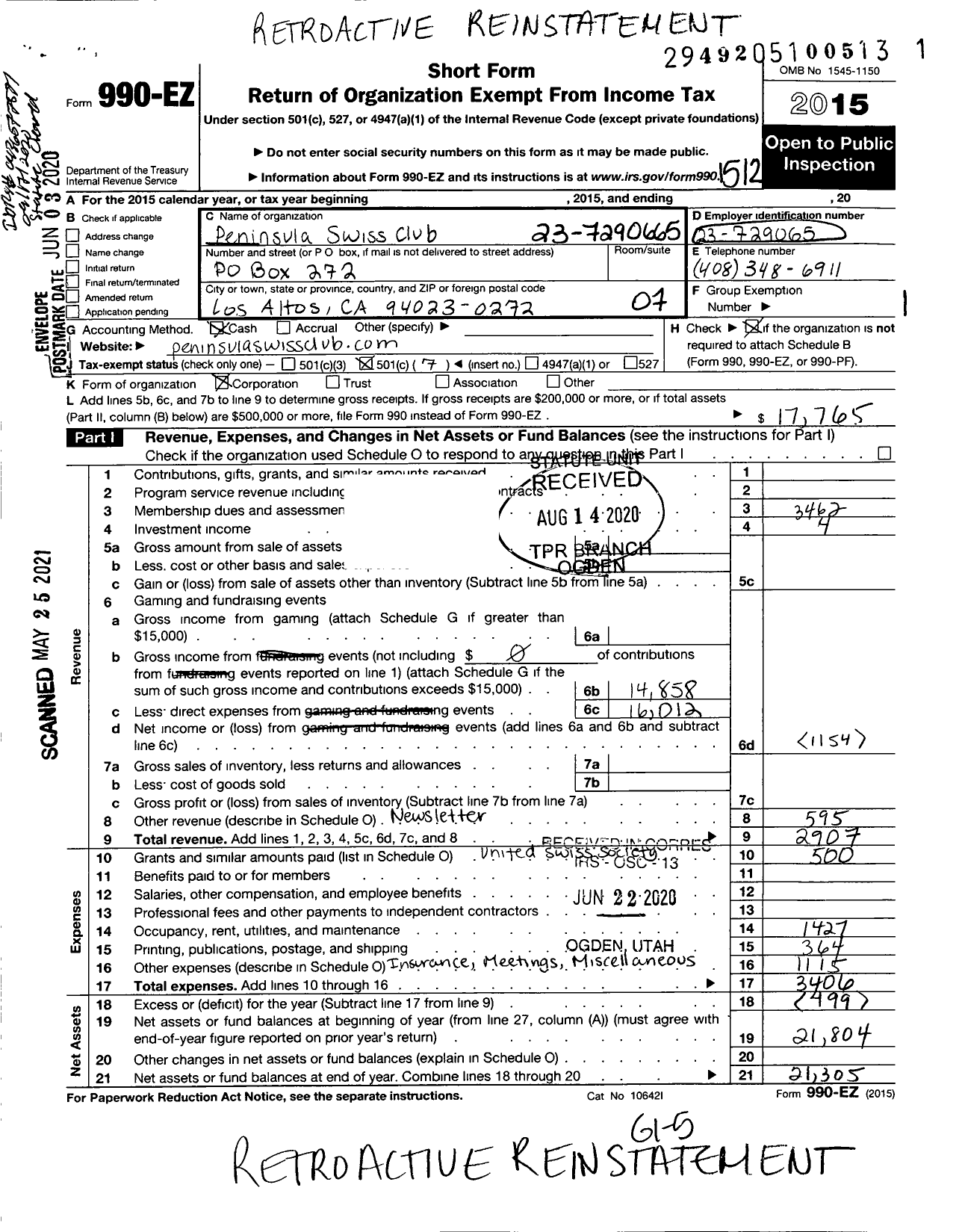 Image of first page of 2015 Form 990EO for Peninsula Swiss Club