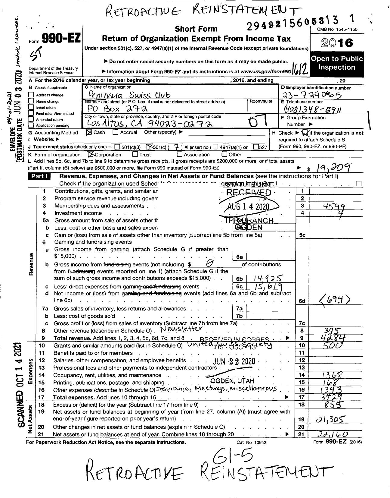 Image of first page of 2016 Form 990EO for Peninsula Swiss Club