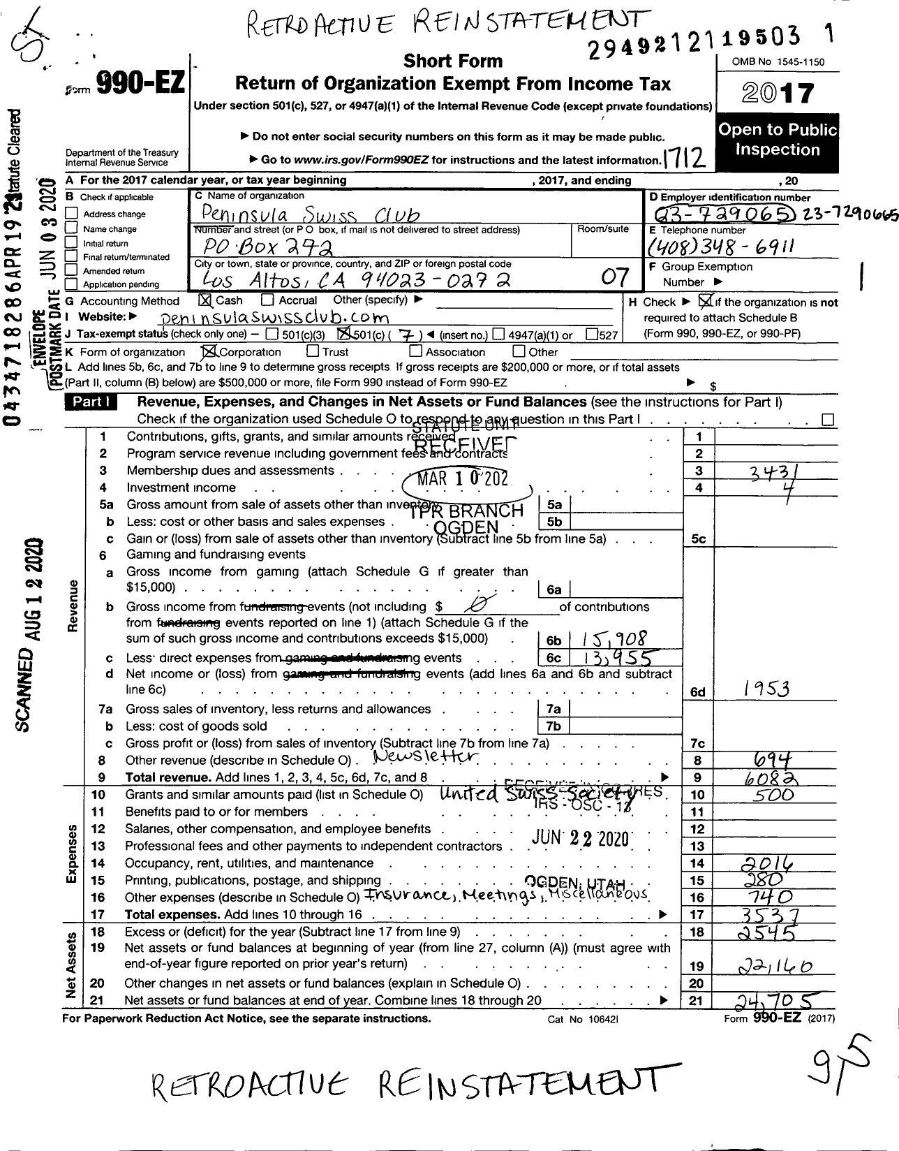 Image of first page of 2017 Form 990EO for Peninsula Swiss Club