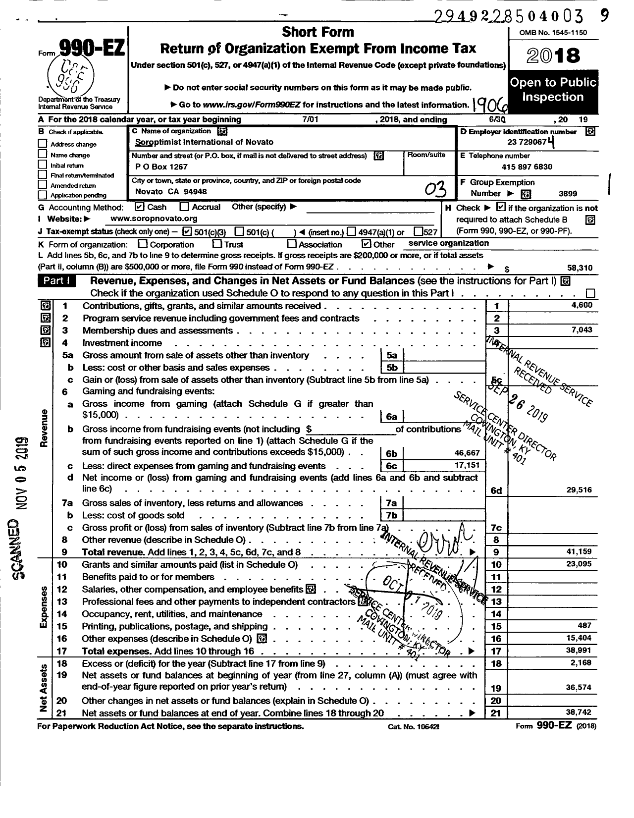 Image of first page of 2018 Form 990EZ for Soroptimist International of the Americas - 115411 Novato Ca