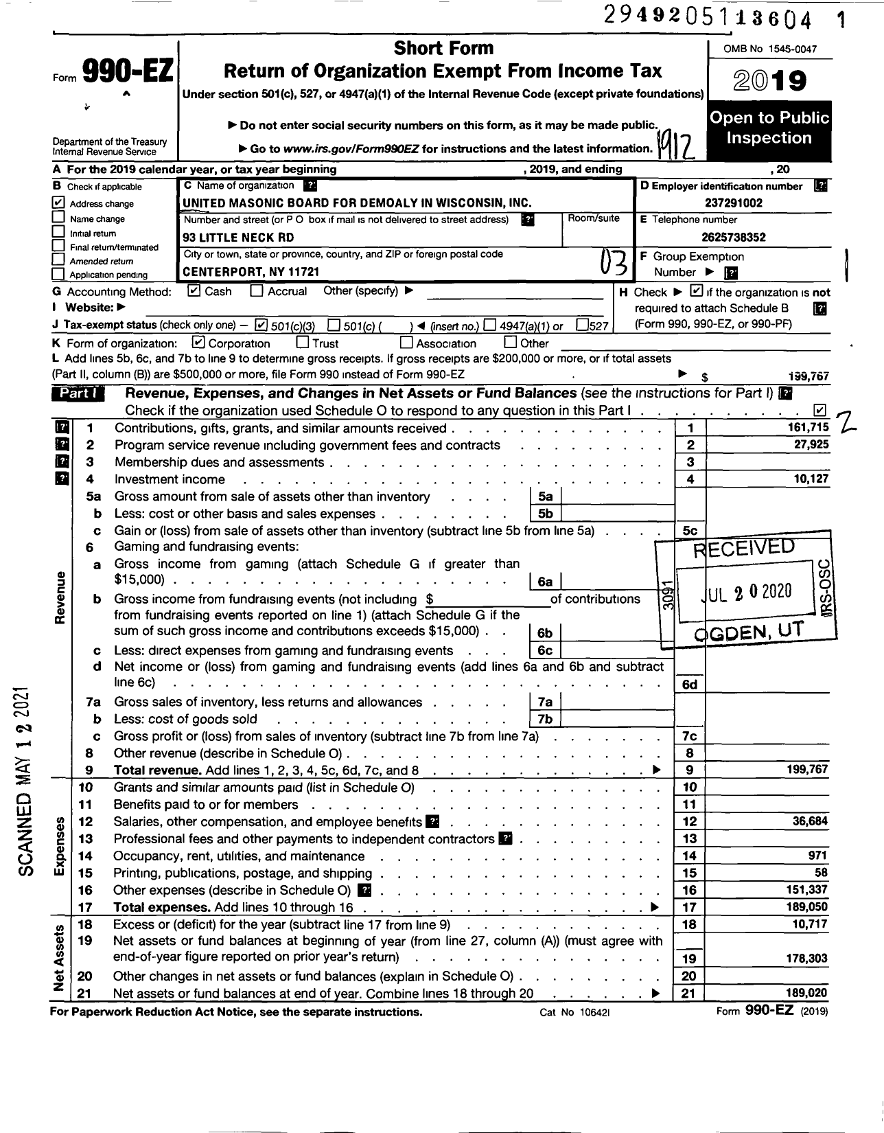 Image of first page of 2019 Form 990EZ for United Masonic Board for Demolay Molay in Wisconsin