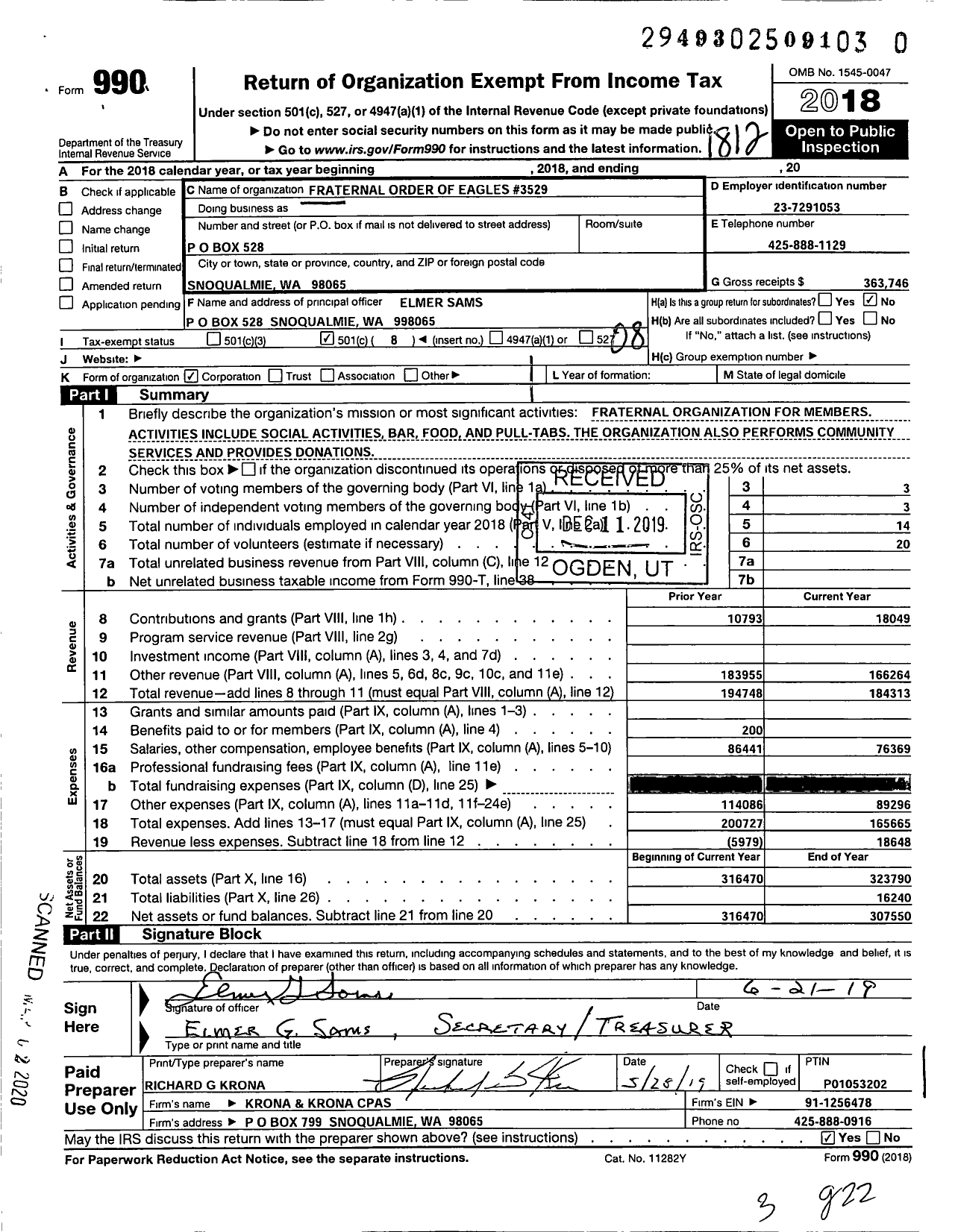 Image of first page of 2018 Form 990O for Fraternal Order of Eagles - 3529 Aerie