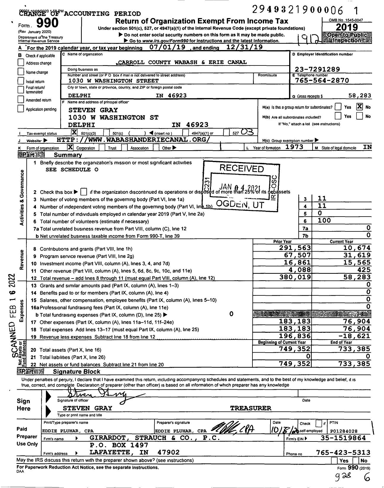 Image of first page of 2019 Form 990 for Carroll County Wabash and Erie Canal