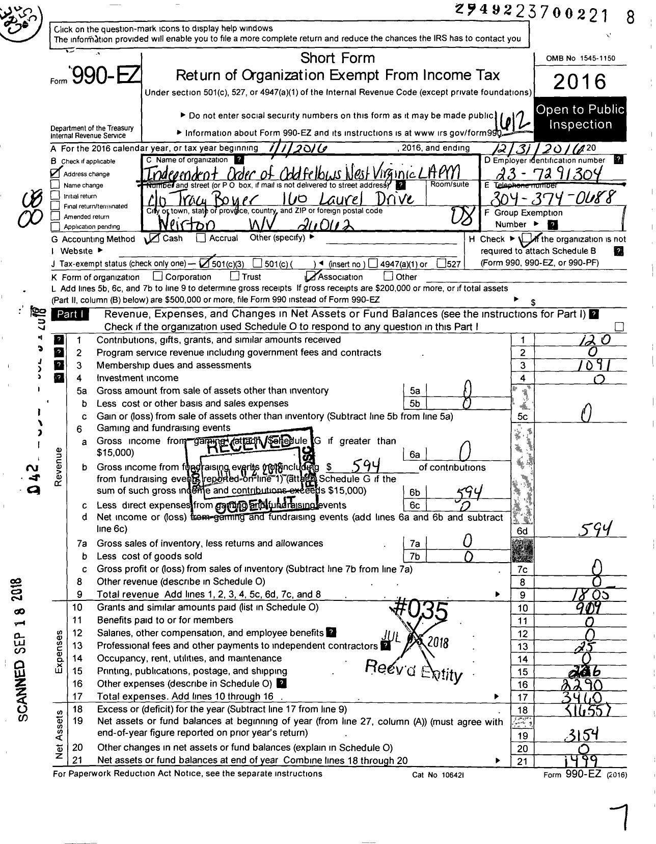 Image of first page of 2016 Form 990EO for Independent Order of Odd Fellows