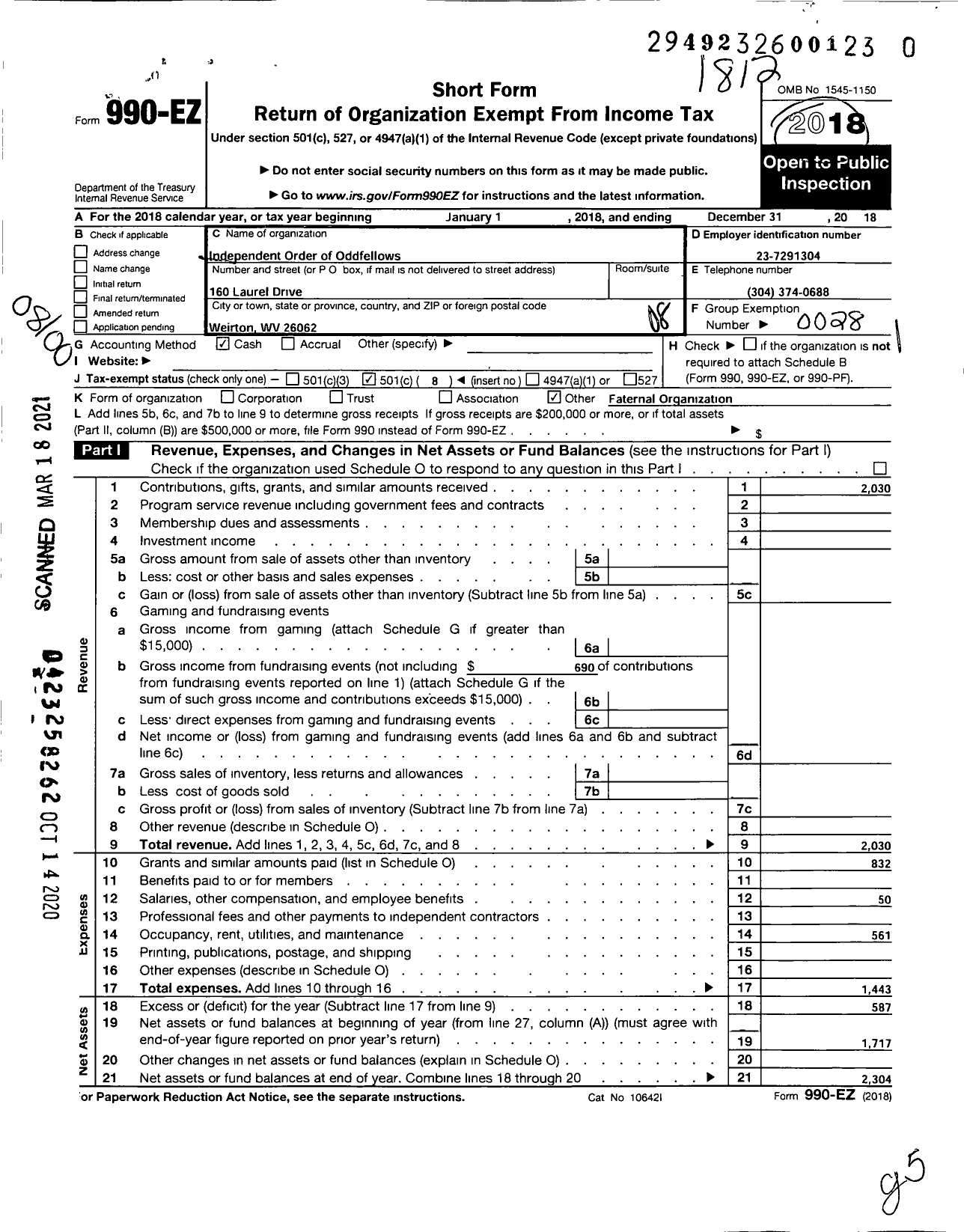 Image of first page of 2018 Form 990EO for Independent Order of Odd Fellows