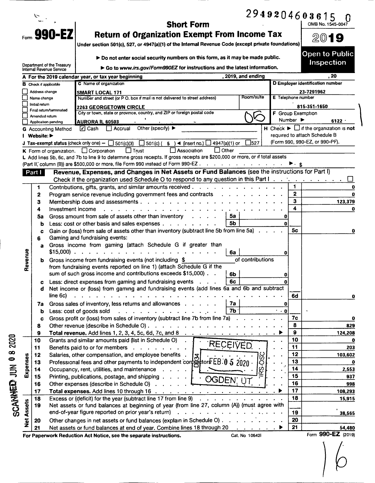 Image of first page of 2019 Form 990EO for Smart Union - 171 TD