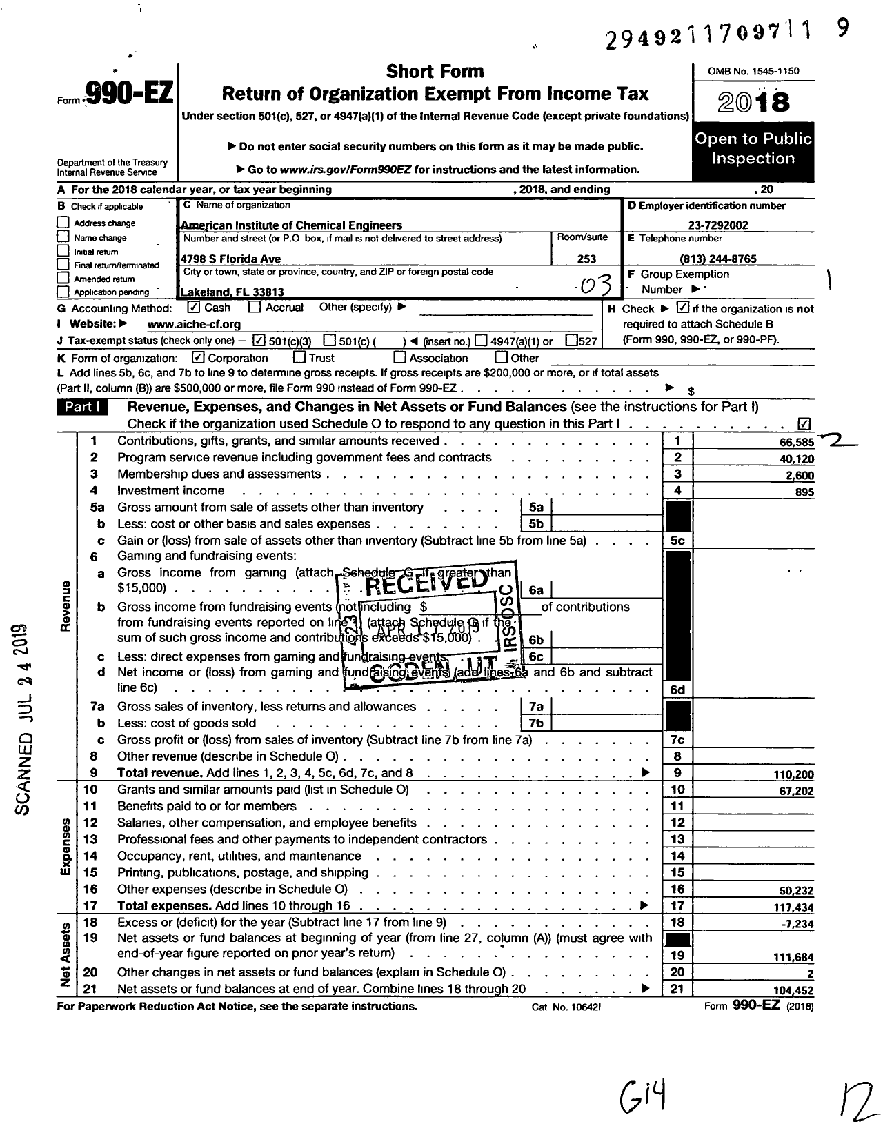 Image of first page of 2018 Form 990EZ for American Institute of Chemical Engineers - 81 Central Florida Local Section