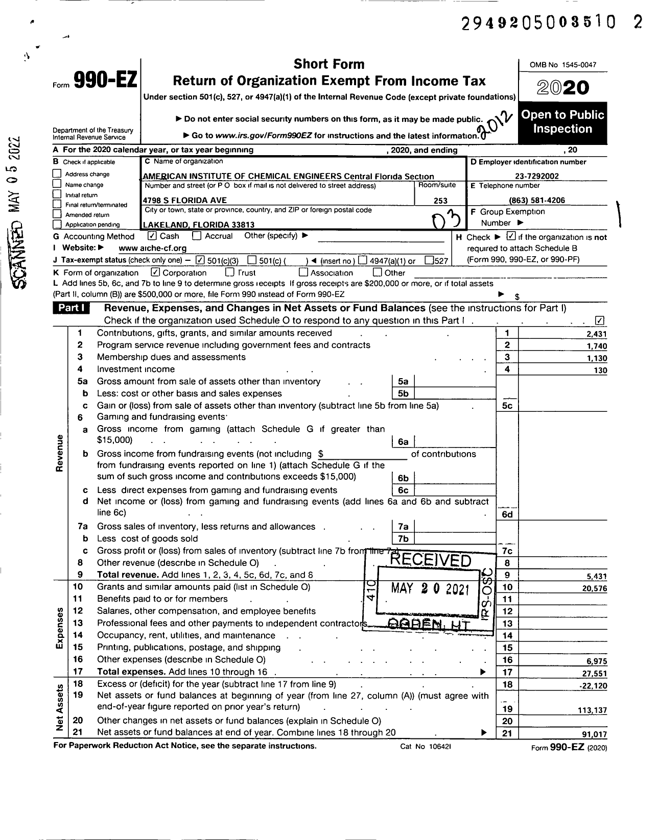 Image of first page of 2020 Form 990EZ for American Institute of Chemical Engineers - 81 Central Florida Local Section