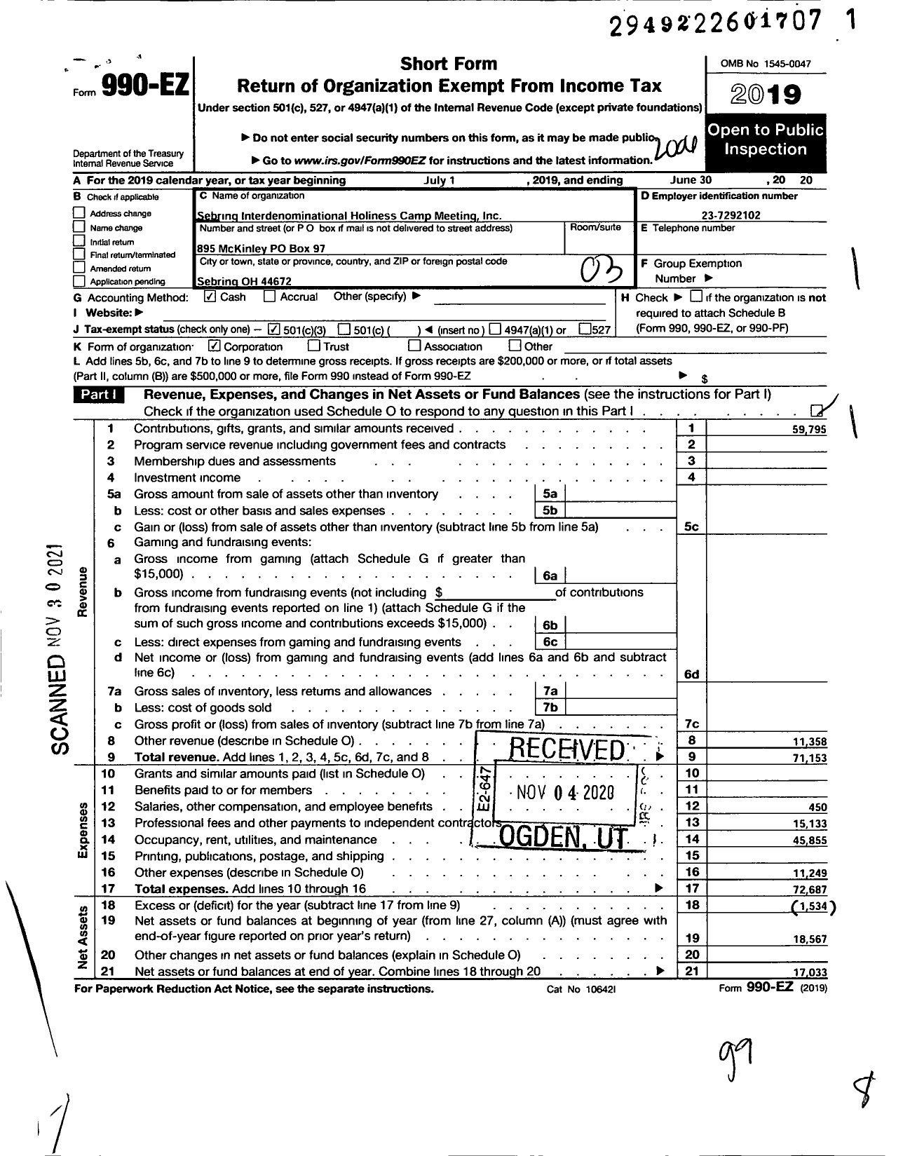 Image of first page of 2019 Form 990EZ for Sebring Interdenominational Holiness Camp Meeting