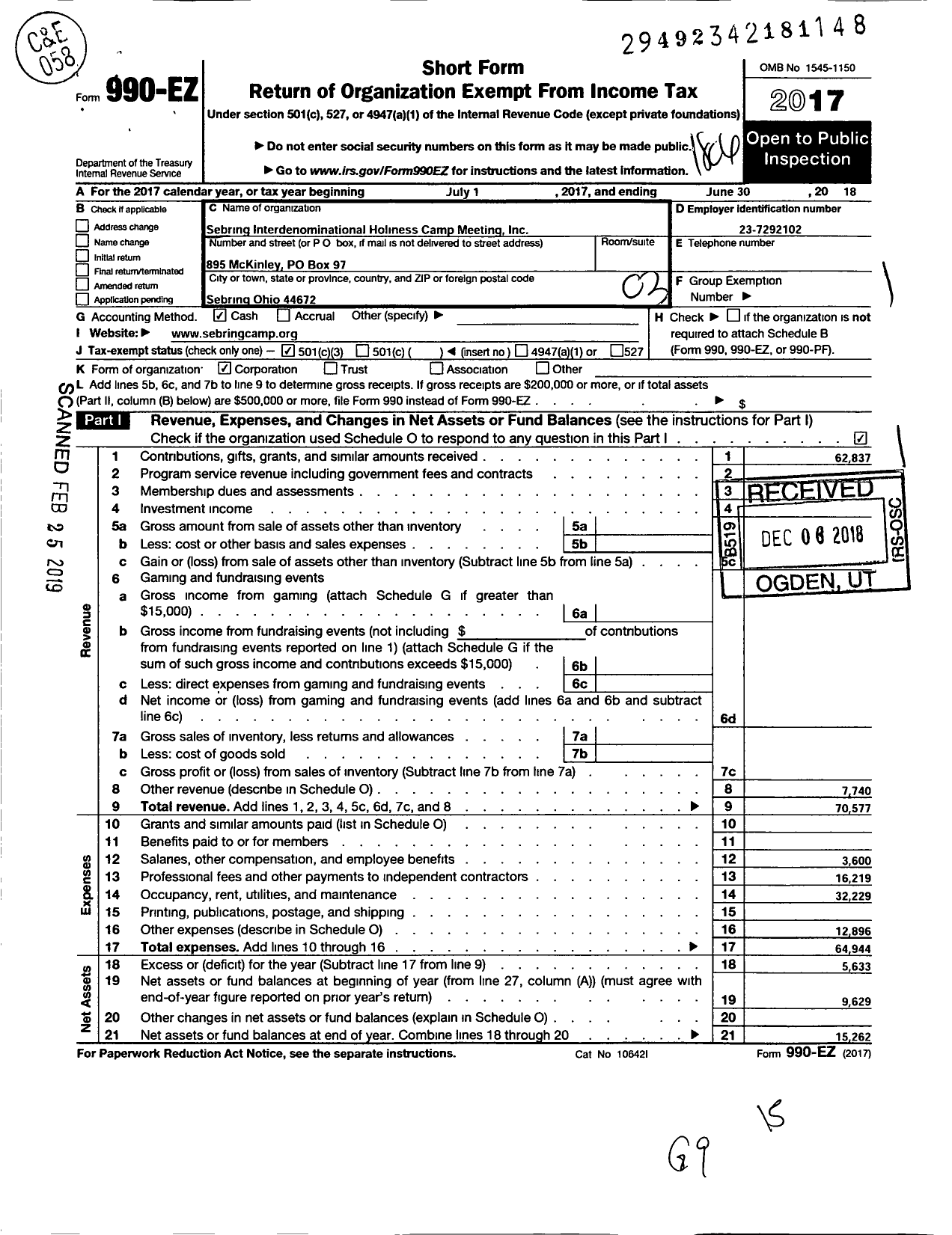 Image of first page of 2017 Form 990EZ for Sebring Interdenominational Holiness Camp Meeting