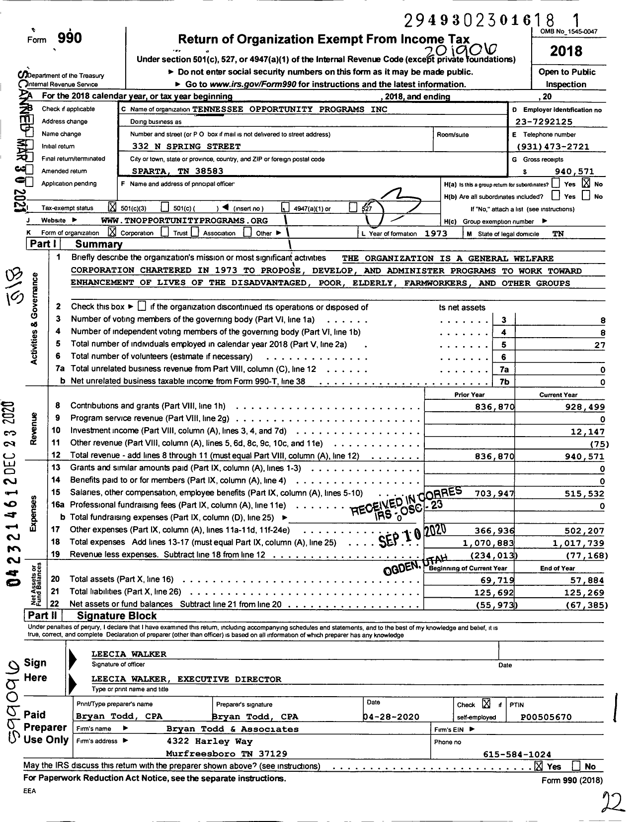 Image of first page of 2018 Form 990 for Tennessee Opportunity Programs (TOPS)