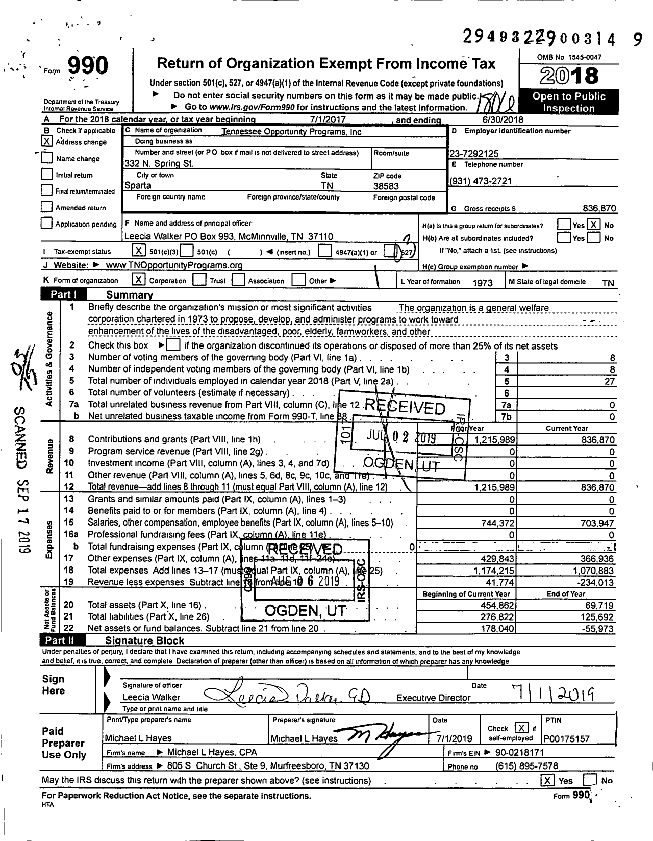 Image of first page of 2017 Form 990 for Tennessee Opportunity Programs (TOPS)