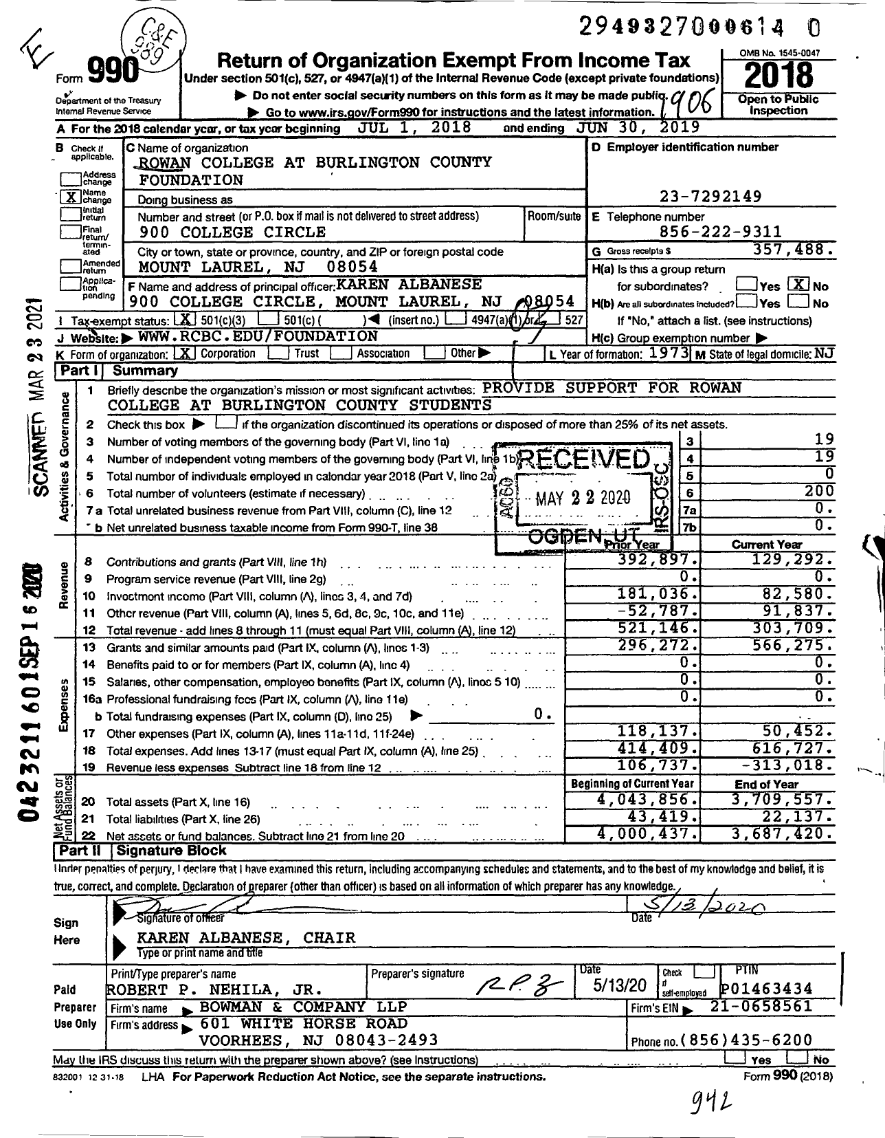 Image of first page of 2018 Form 990 for Rowan College at Burlington County Foundation