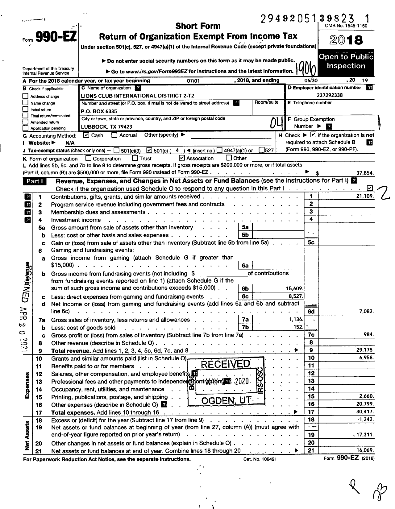 Image of first page of 2018 Form 990EO for Lions Clubs - 65546 2 T2 District