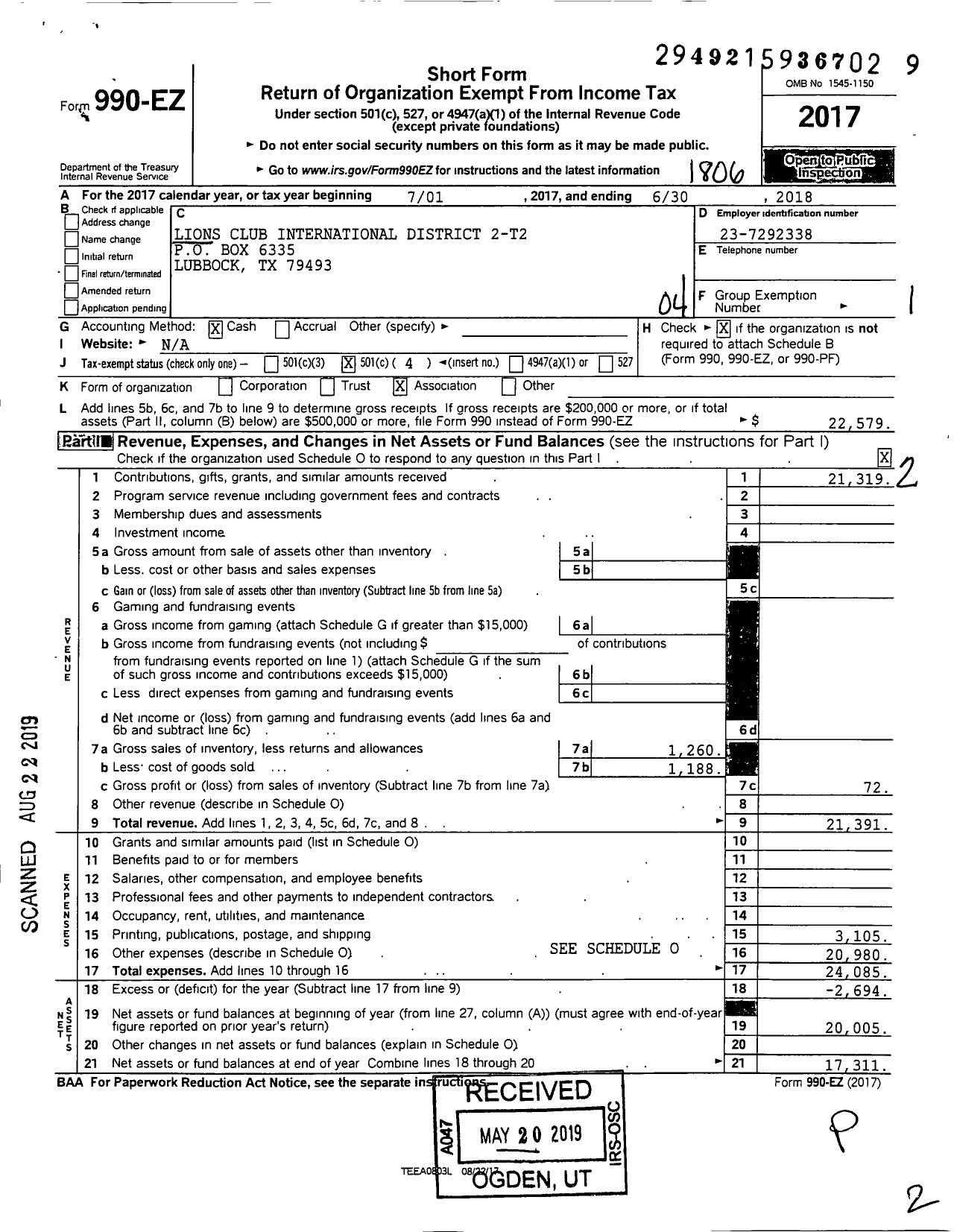 Image of first page of 2017 Form 990EO for Lions Clubs - 65546 2 T2 District