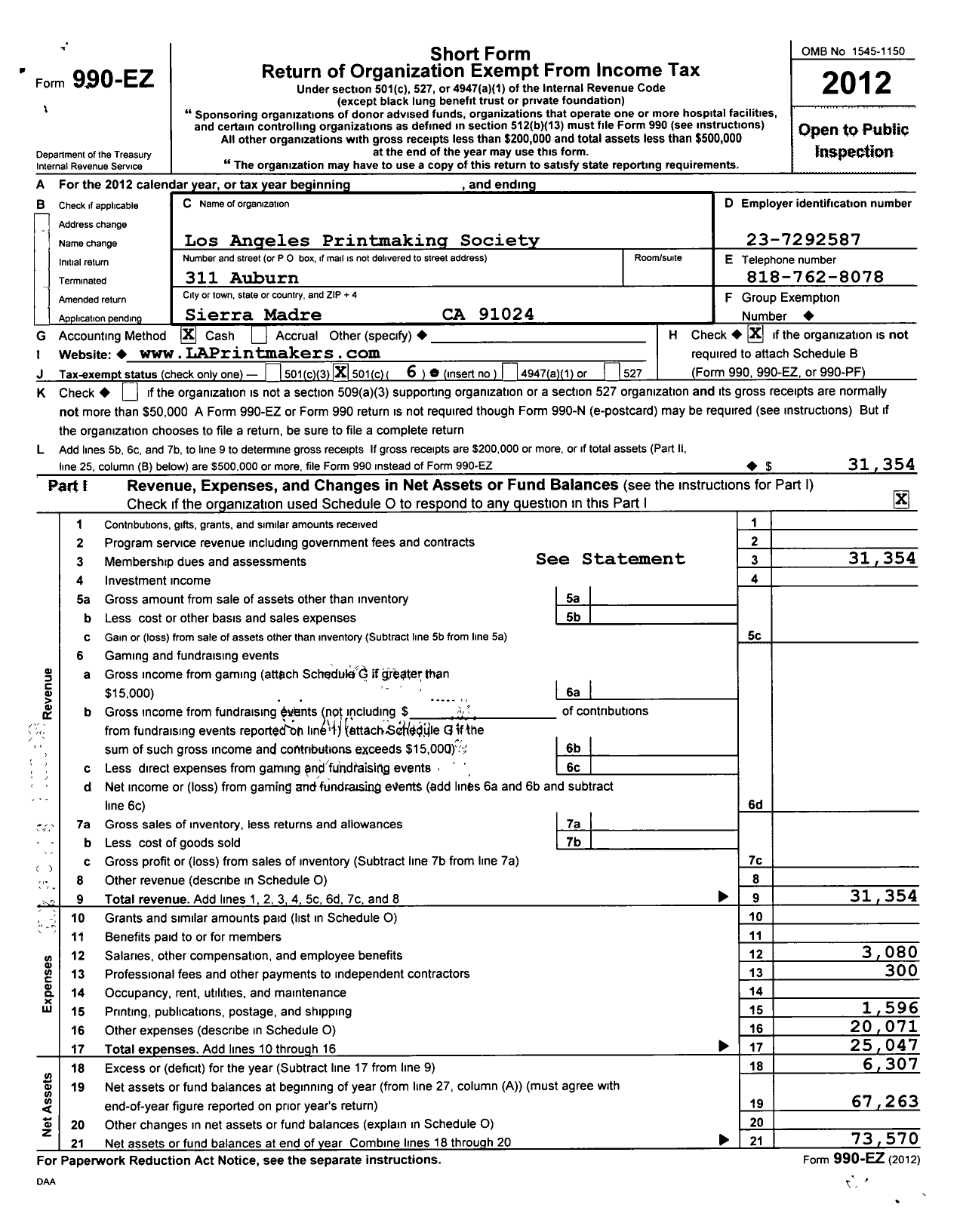 Image of first page of 2012 Form 990EO for Los Angeles Printmaking Society