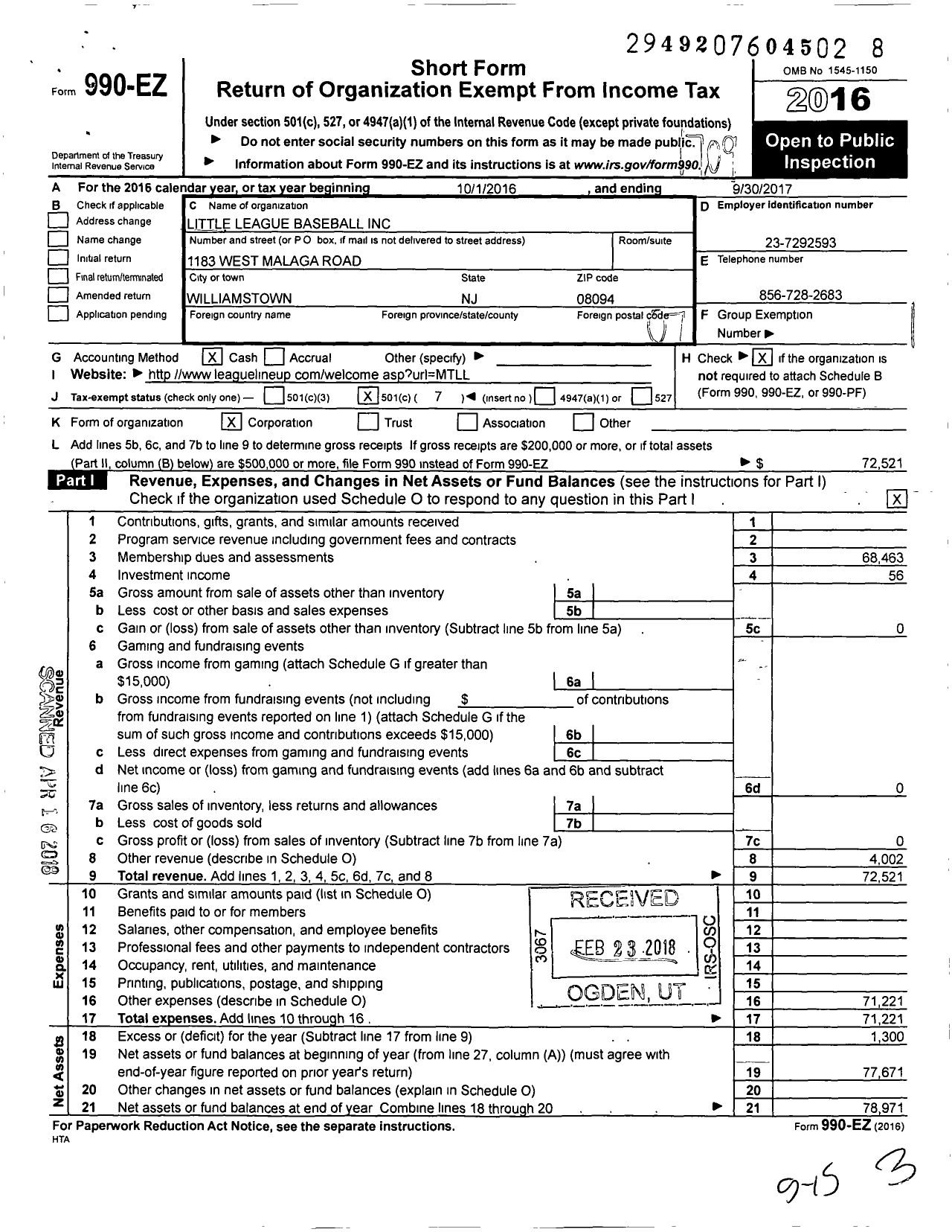 Image of first page of 2016 Form 990EO for Little League Baseball - 2302106 Monroe Township LL