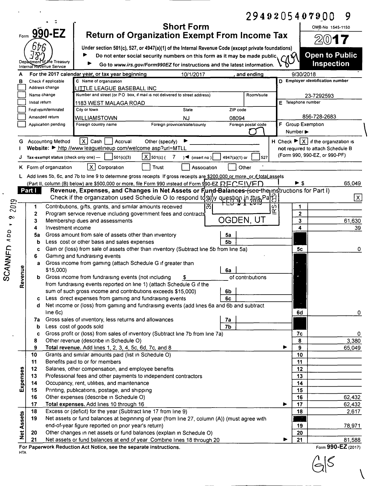 Image of first page of 2017 Form 990EO for Little League Baseball - 2302106 Monroe Township LL