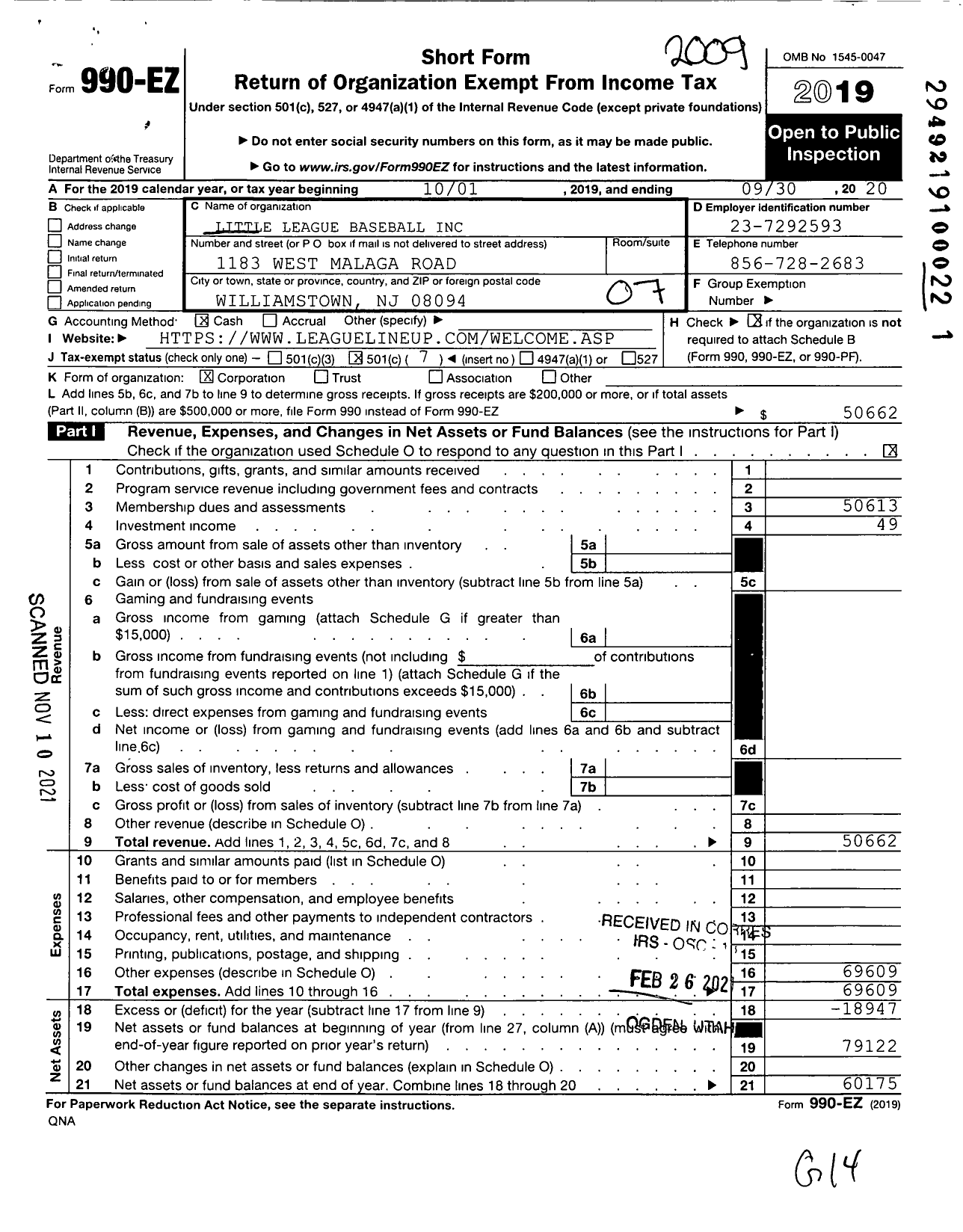 Image of first page of 2019 Form 990EO for Little League Baseball - 2302106 Monroe Township LL