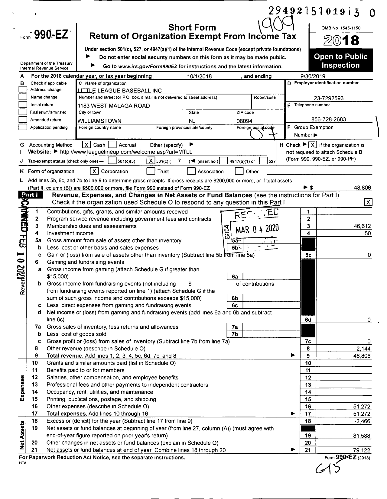 Image of first page of 2018 Form 990EO for Little League Baseball - 2302106 Monroe Township LL