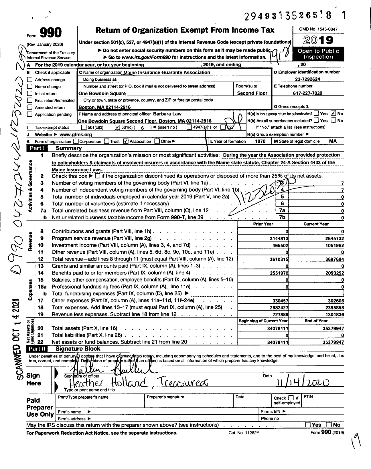 Image of first page of 2019 Form 990O for Guaranty Fund Management Services (GFMS)