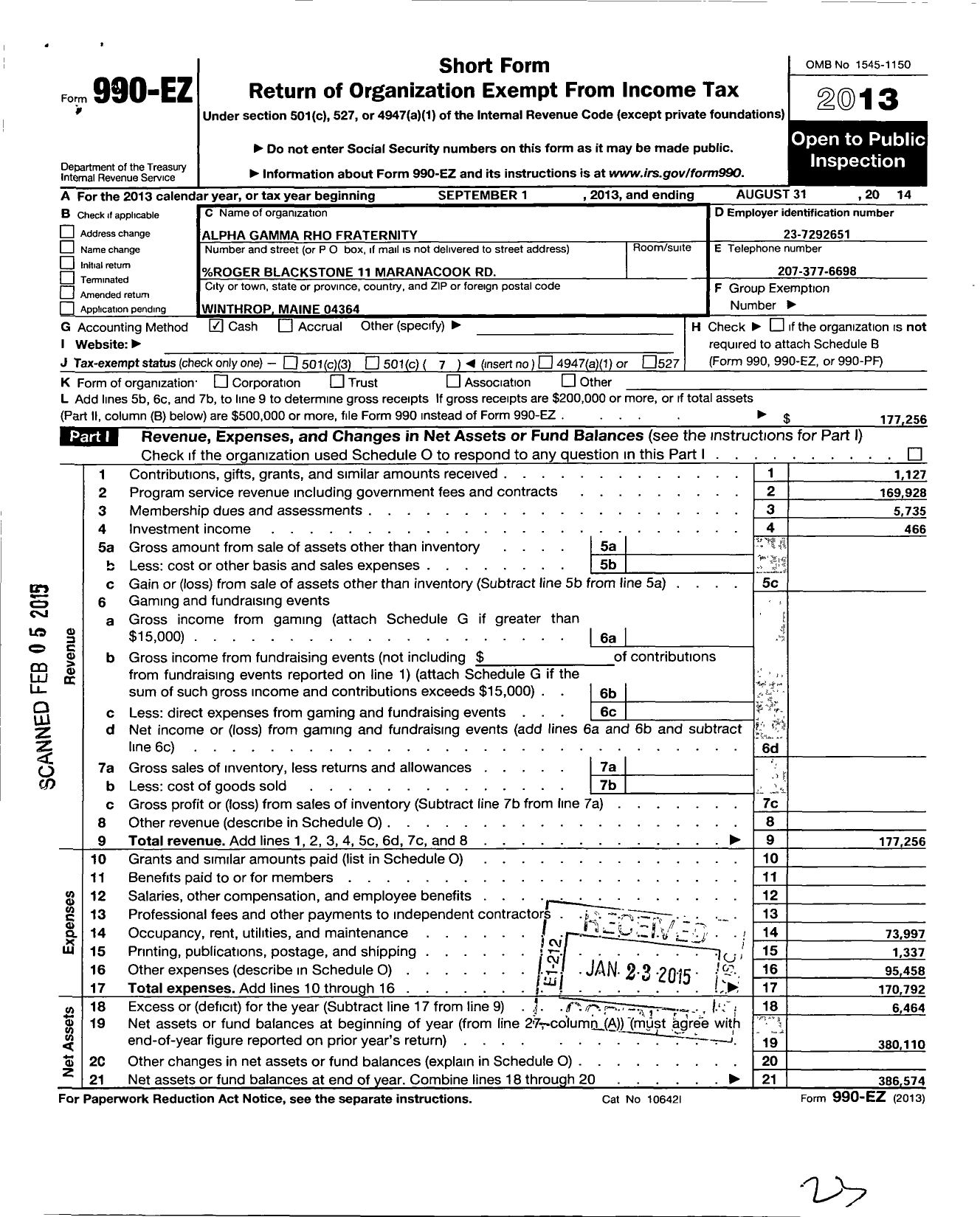 Image of first page of 2013 Form 990EO for Alpha Gamma Rho Fraternity