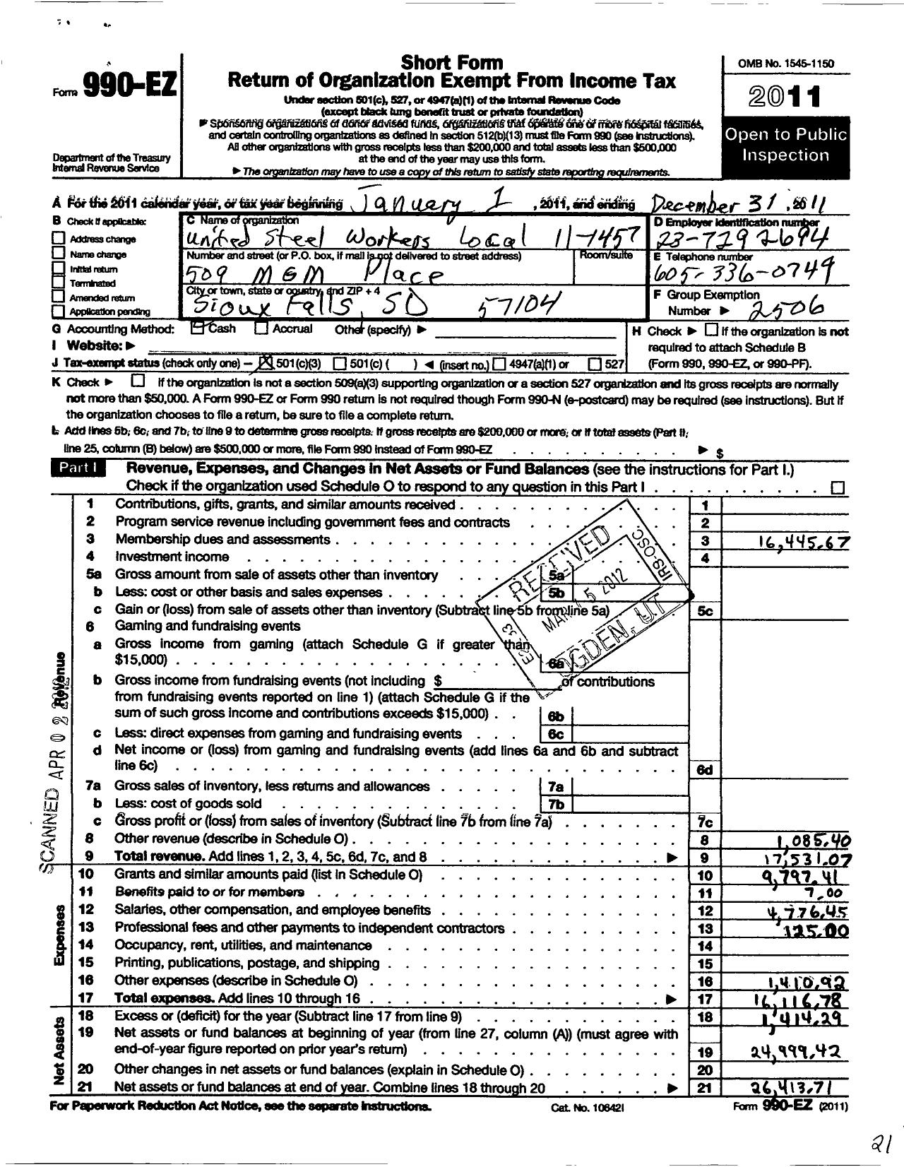 Image of first page of 2011 Form 990EZ for United Steelworkers - 11-01457 Local