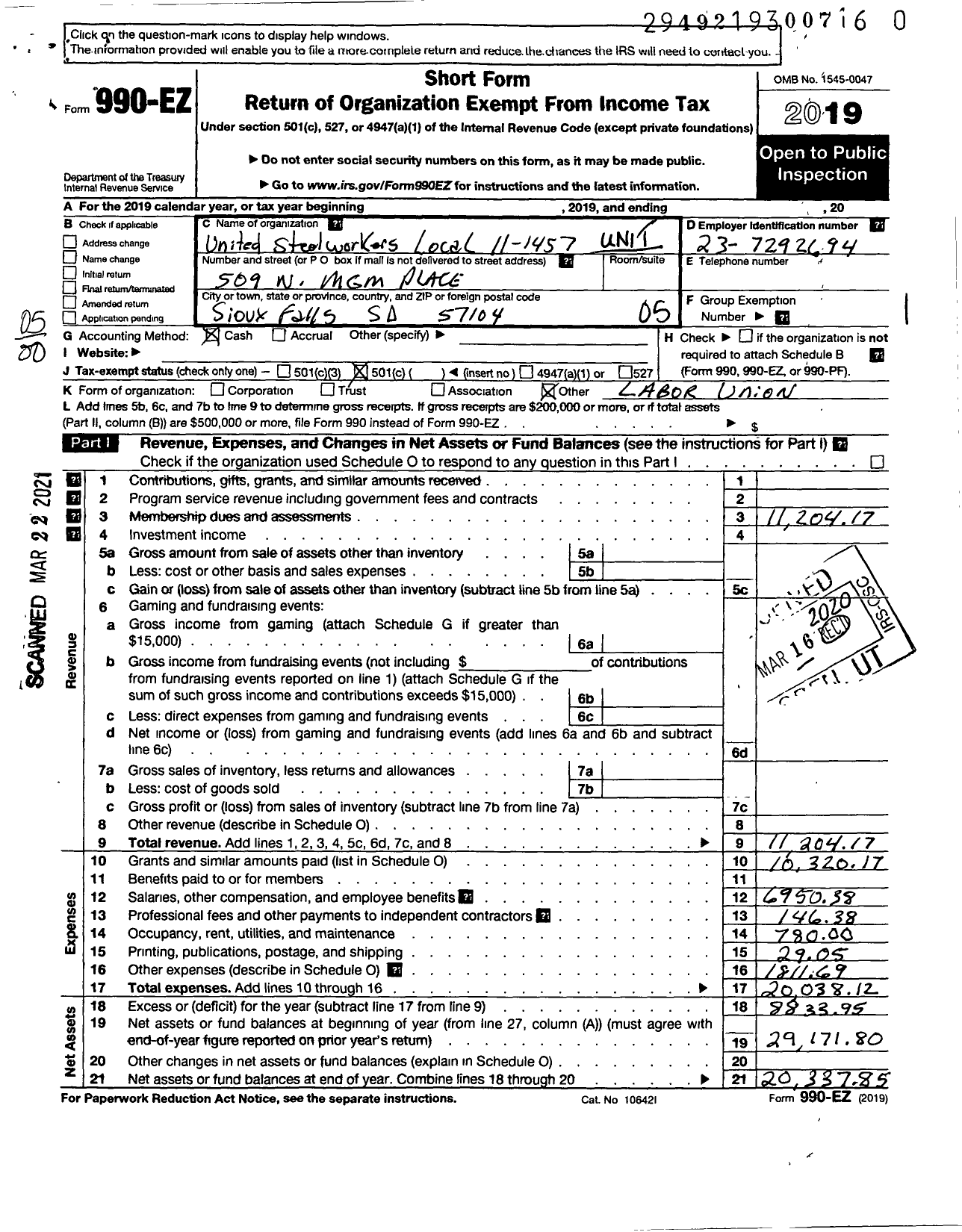 Image of first page of 2019 Form 990EO for United Steelworkers - 11-01457 Local