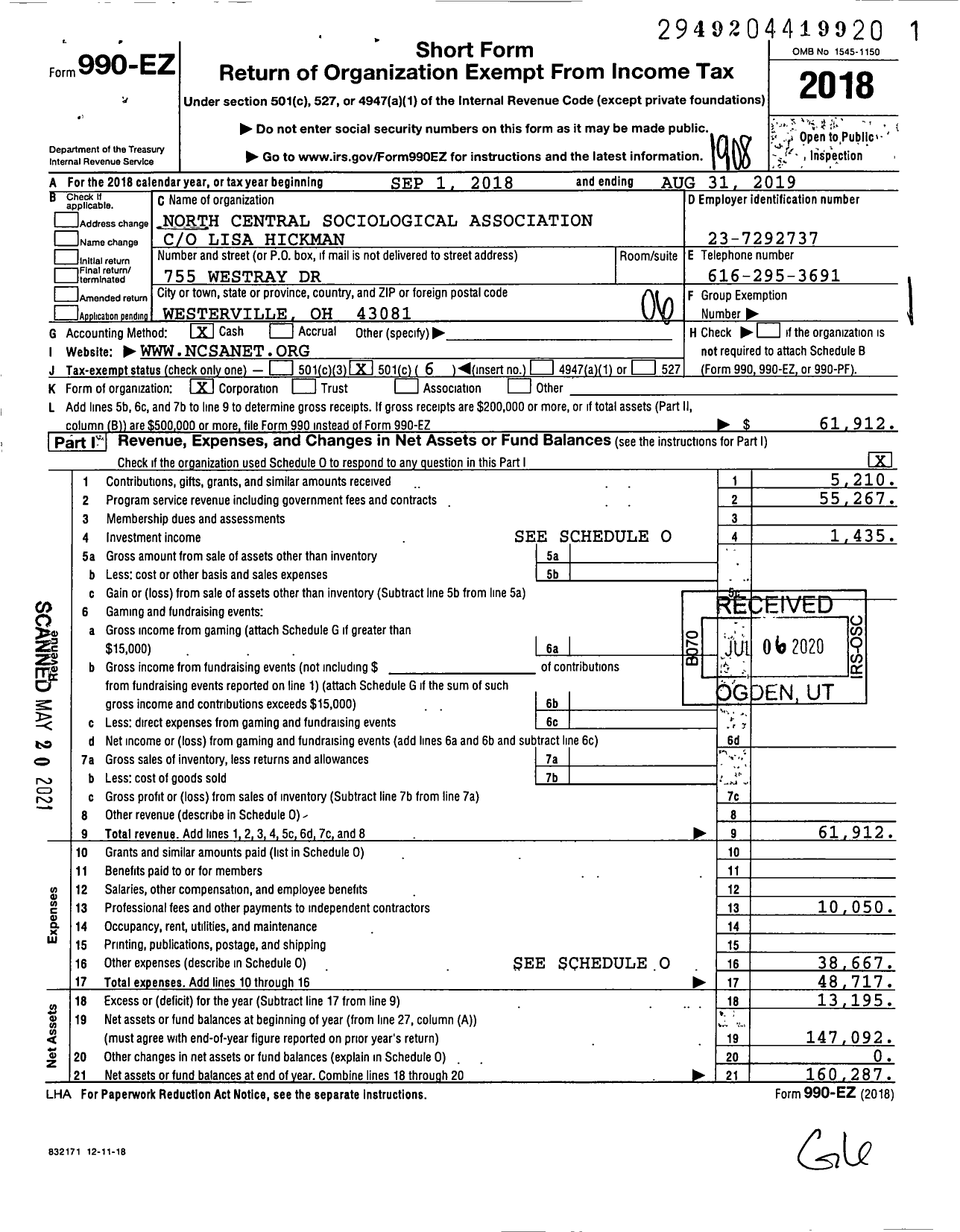 Image of first page of 2018 Form 990EO for North Central Sociological Association