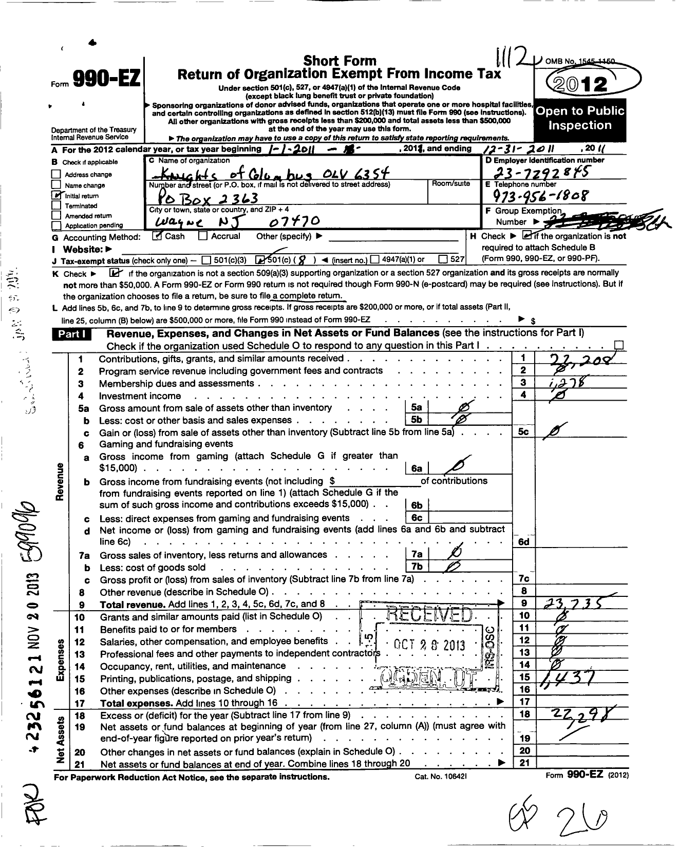 Image of first page of 2011 Form 990EO for Knights of Columbus - 6354 Our Lady of the Valley Council