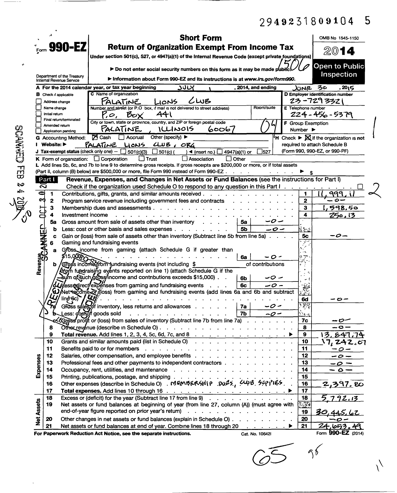 Image of first page of 2014 Form 990EO for Lions Clubs - 391 Palatine