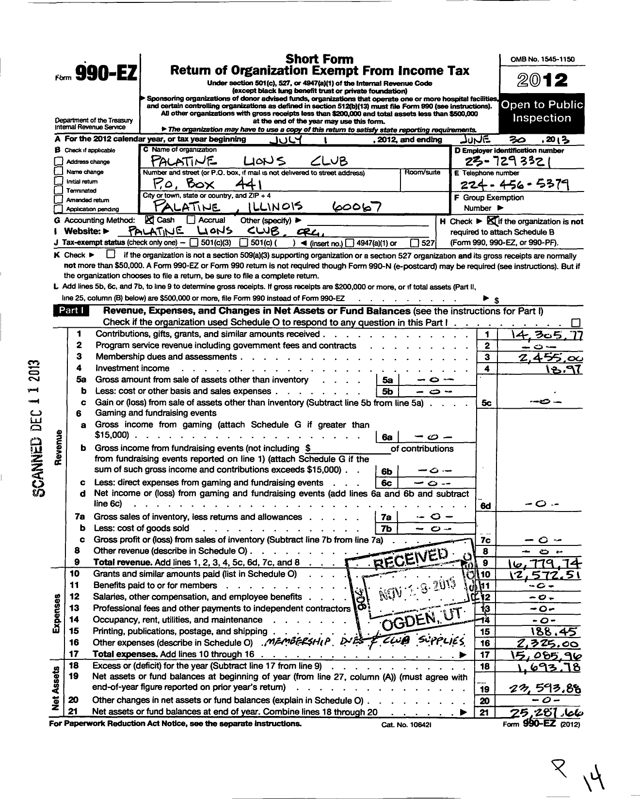 Image of first page of 2012 Form 990EO for Lions Clubs - 391 Palatine