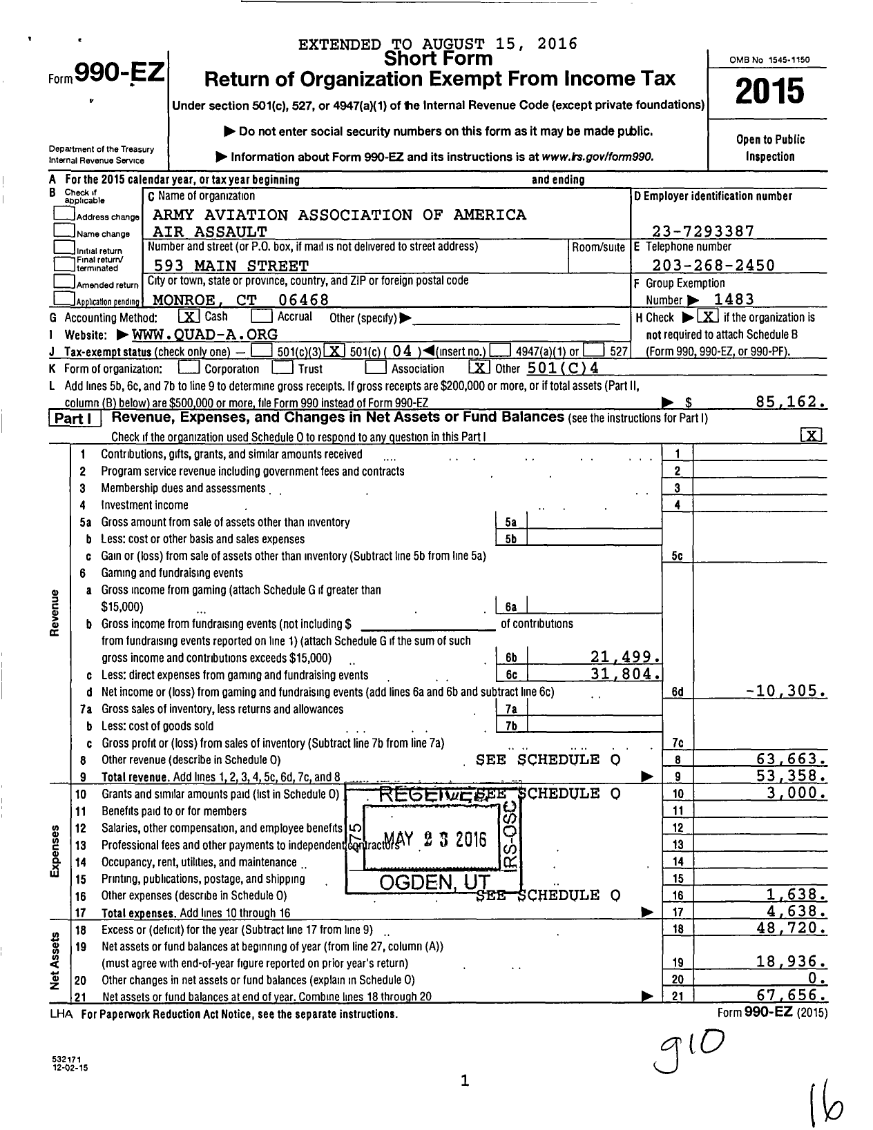 Image of first page of 2015 Form 990EO for Army Aviation Association of America / Air Assault Chapter