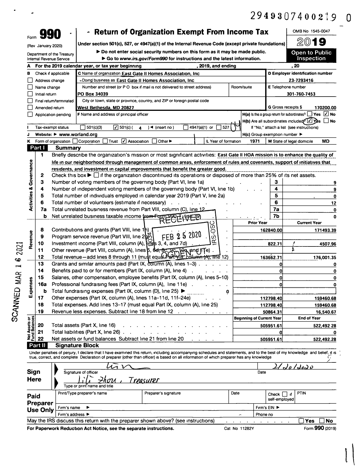 Image of first page of 2019 Form 990O for The East Gate Ii Homes Association