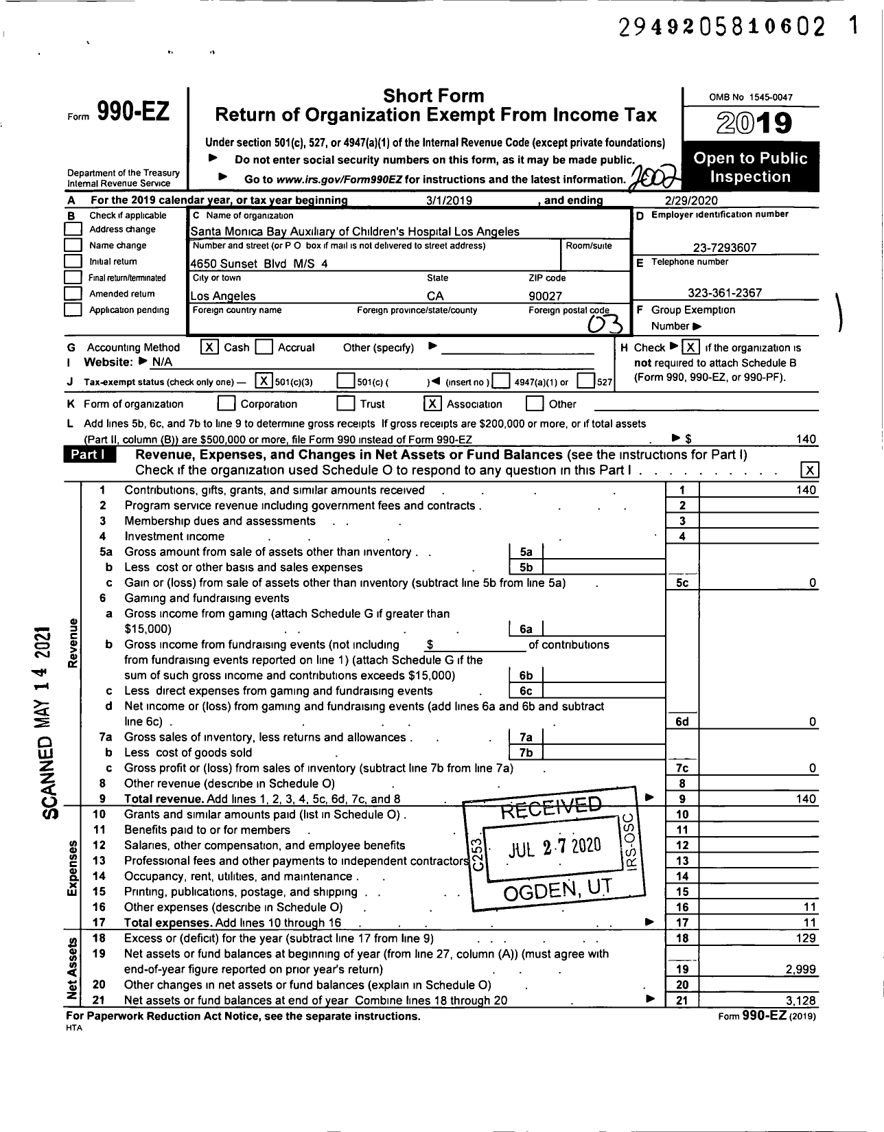 Image of first page of 2019 Form 990EZ for Santa Monica Bay Auxiliary of Children's Hospital Los Angeles