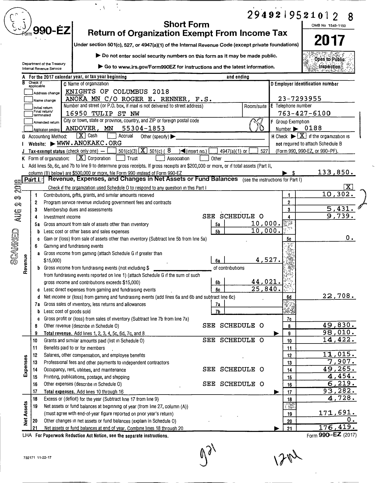 Image of first page of 2017 Form 990EO for KNIGHTS OF COLUMBUS 2018 ANOKA mn