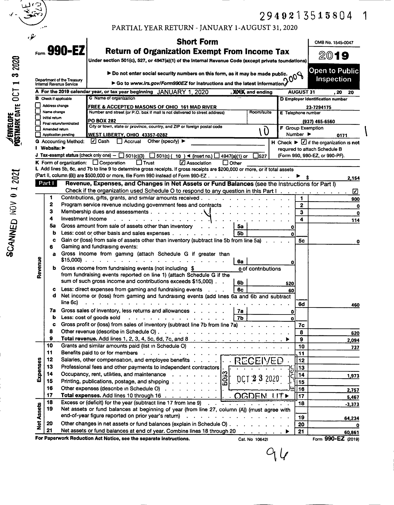 Image of first page of 2019 Form 990EO for Free & Accepted Masons of Ohio - 161 Mad River Lodge