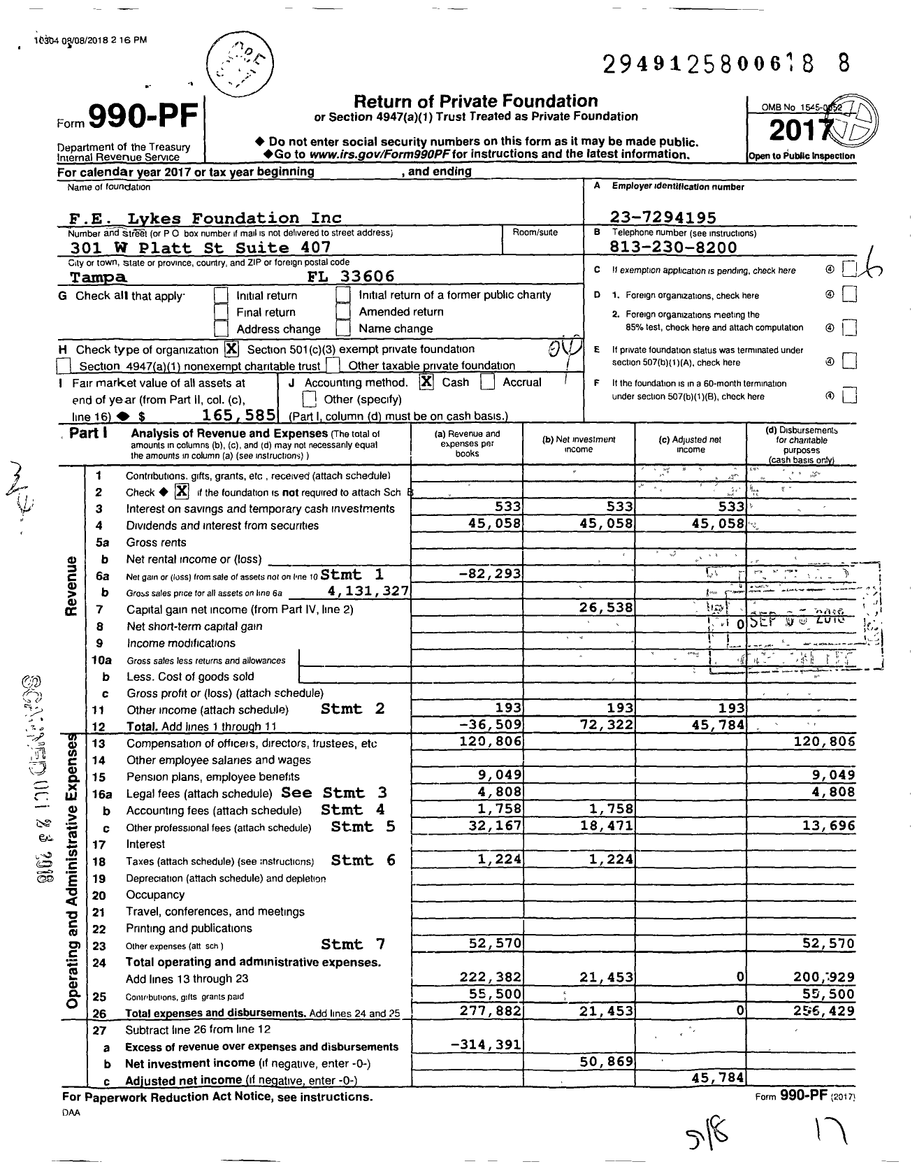 Image of first page of 2017 Form 990PF for Fe Lykes Foundation