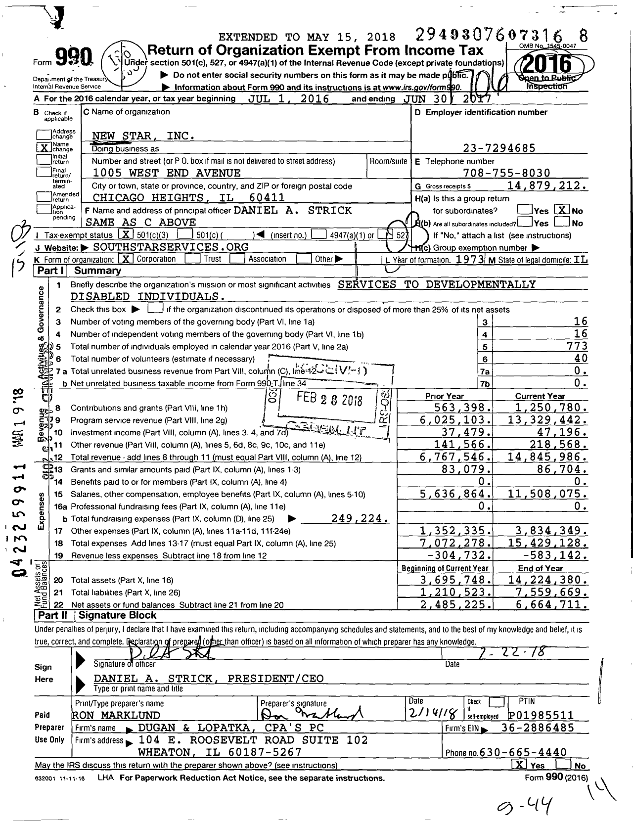 Image of first page of 2016 Form 990 for New Star