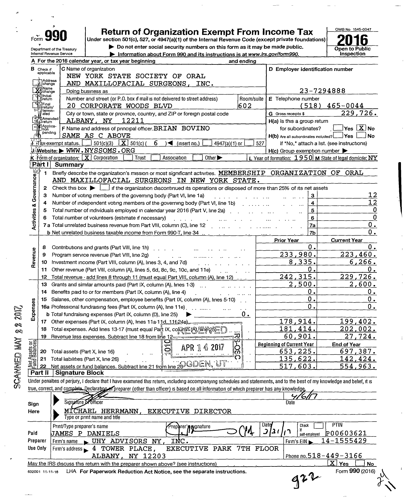 Image of first page of 2016 Form 990O for New York State Society of Oral and Maxillofacial Surgeons