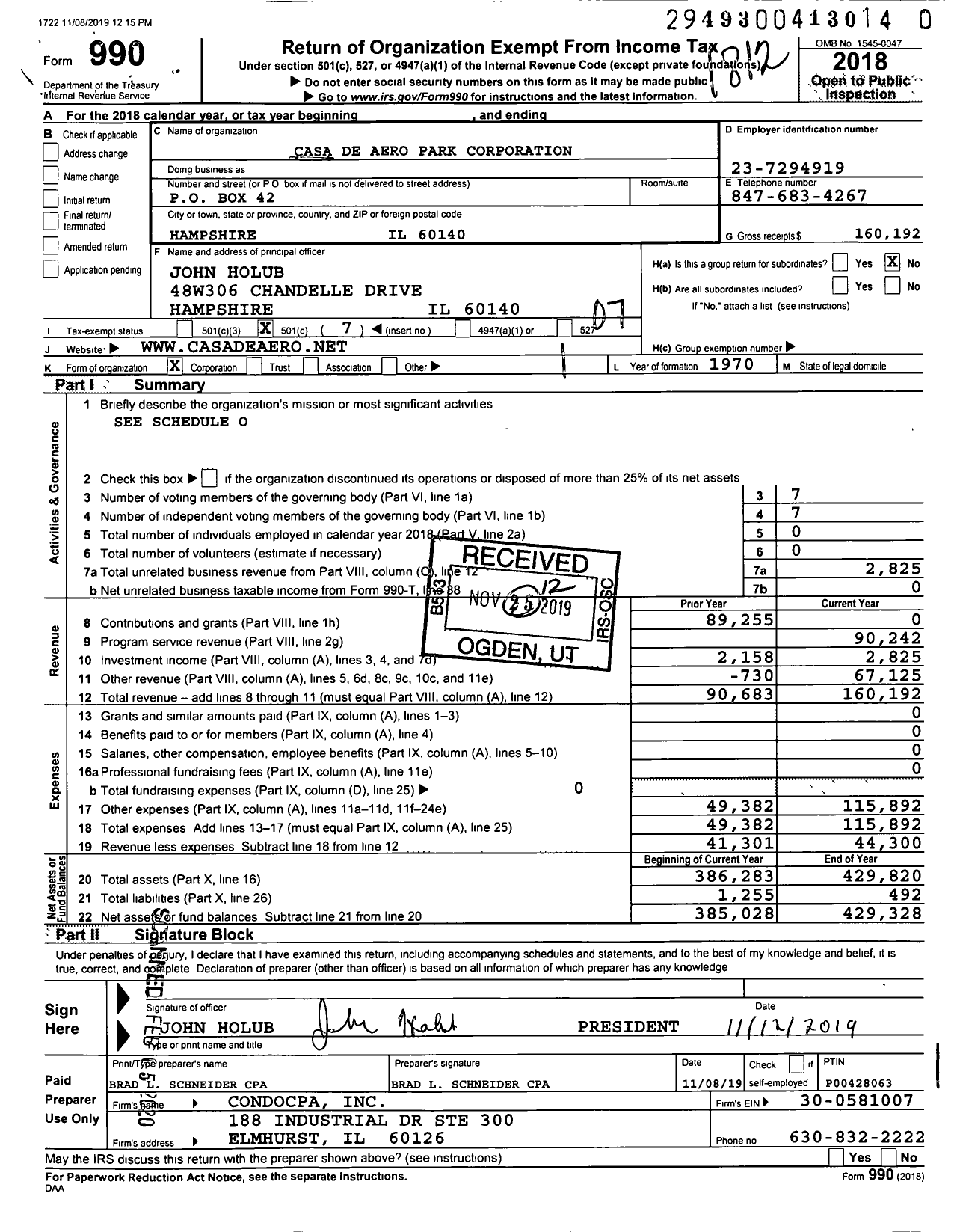 Image of first page of 2018 Form 990O for Casa de Aero Park Corporation